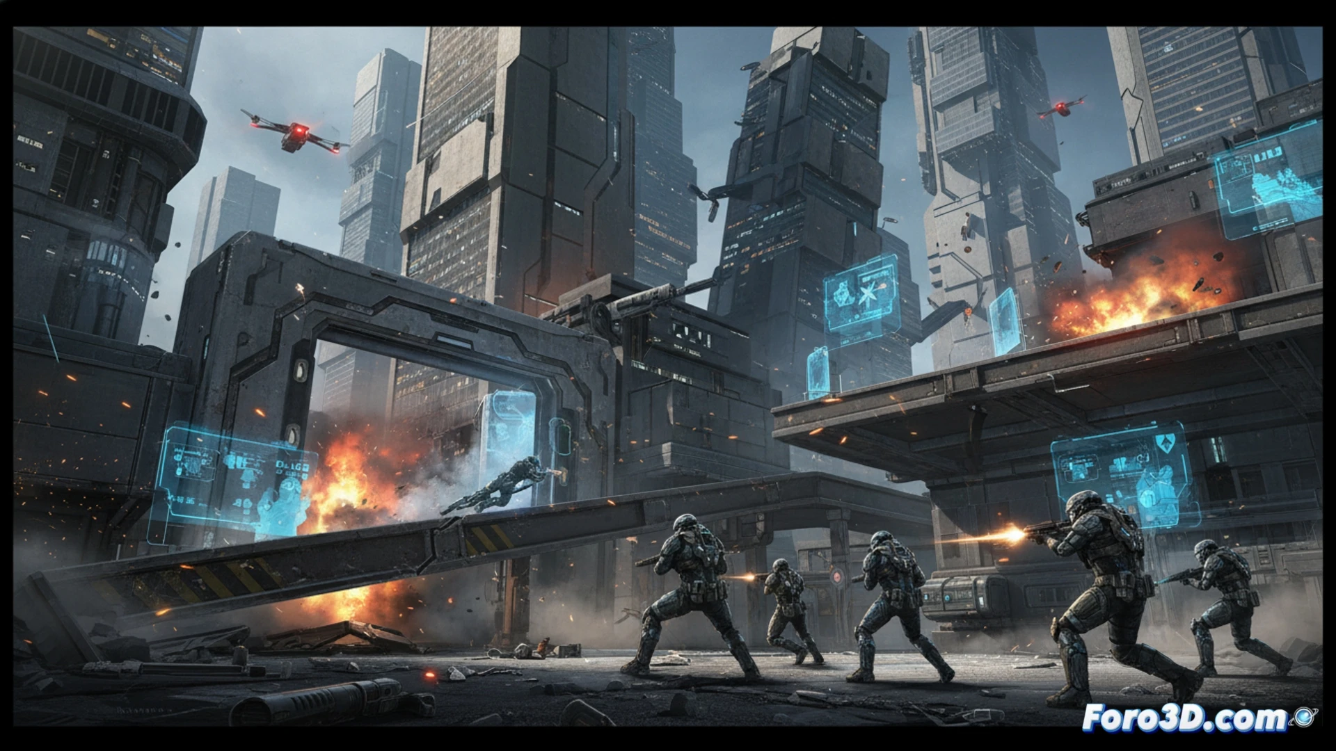 Modern Warfare 4 Kill Block dynamic map transformation, concrete bunker walls shifting and rising mid-combat, soldiers diving for cover while debris explodes upward from collapsing terrain, tactical operator firing an assault rifle while a holographic minimap updates real-time showing changing pathways, cinematic photorealistic visualization, dramatic battlefield smoke and dust particles, glowing orange muzzle flashes, metallic weapon details, dynamic shadows from moving structures, ultra-detailed soldier gear and tactical equipment, high-action combat moment, intense lighting contrast