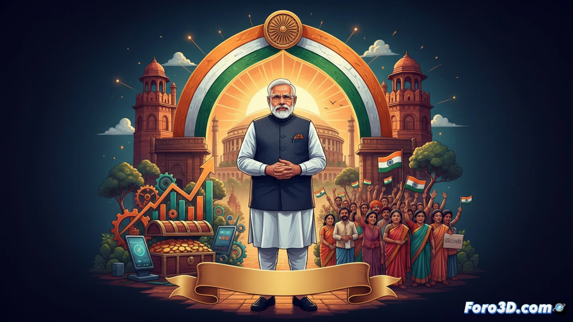 Un primer ministro con gesto firme alza la bandera india sobre una multitud, con un horizonte de desarrollo económico y apoyo popular.