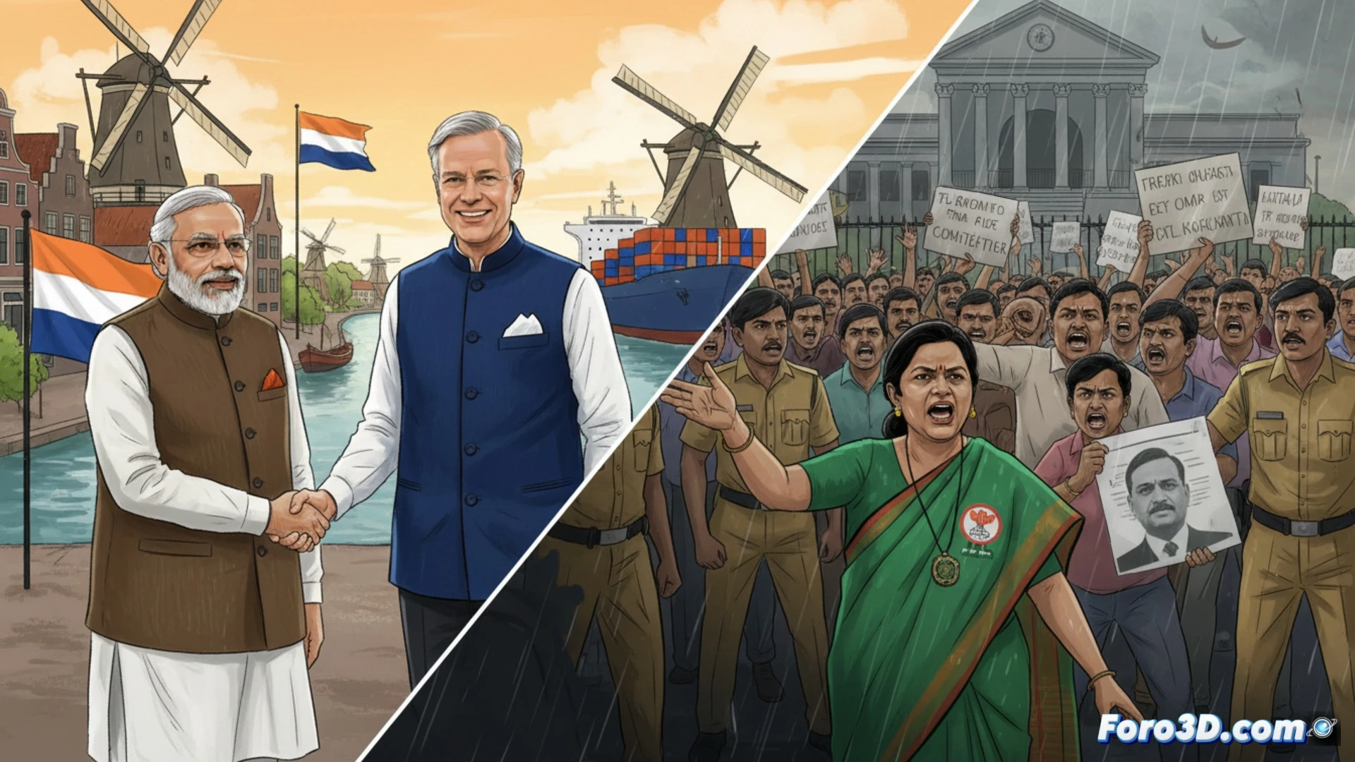Modi en Países Bajos y agitación política en Calcuta, escena dividida en dos mitades. Izquierda: primer ministro indio en traje azul oscuro estrechando manos junto a un molino de viento neerlandés, fondo de tulipanes y un mapa digital de exportaciones con rutas comerciales brillantes, estilo cinematográfico fotorrealista, iluminación dorada de atardecer. Derecha: policía de Calcuta en uniforme caqui frente a una comisaría roja, abriendo un expediente digital en una tableta, mientras Abhishek Banerjee gesticula en una tarima callejera, multitud borrosa al fondo, pancartas ondeando, estilo documental técnico, textura granulada y contraste alto, mostrando proceso legal y tensión política simultáneamente.