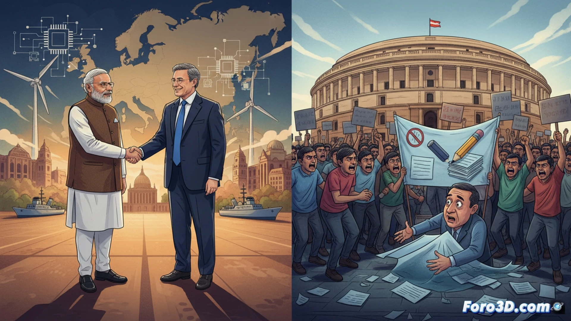Un mapa de Europa y Oriente Medio con rutas que conectan India y Países Bajos, mientras en un costado, un ministro indio camina bajo una nube de protestas.