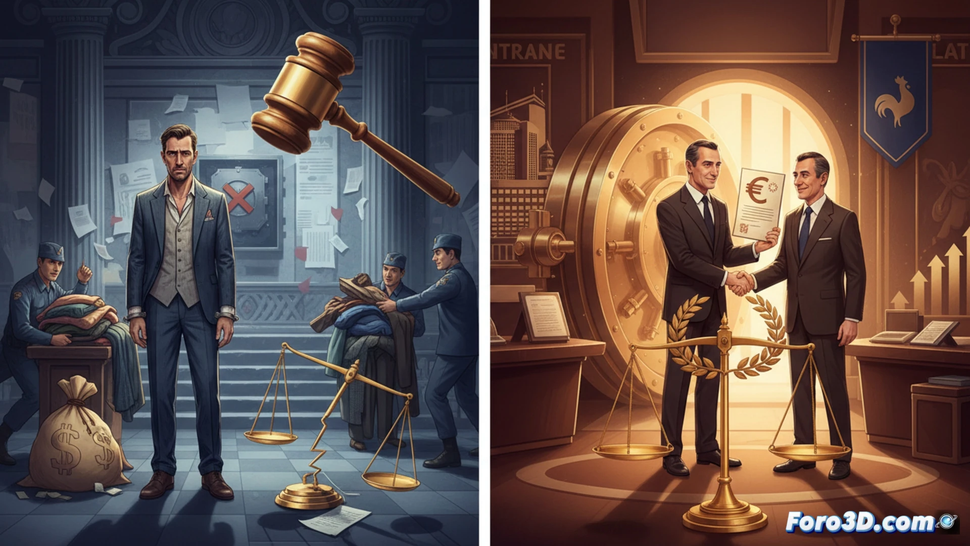 fashion designer in handcuffs at luxury car auction, three Jaguars being seized by bailiffs, forensic accountants examining financial documents on laptops, Swiss watches displayed as evidence, split scene with French banker in elegant office signing documents while central bank data streams on screens, cinematic contrast between crime and privilege, photorealistic courtroom lighting, metallic handcuffs reflecting harsh light, luxury interior with mahogany desk, technical financial graphs visible on monitors, dramatic chiaroscuro, ultra-detailed textures of suits and leather, high-end cinematic composition