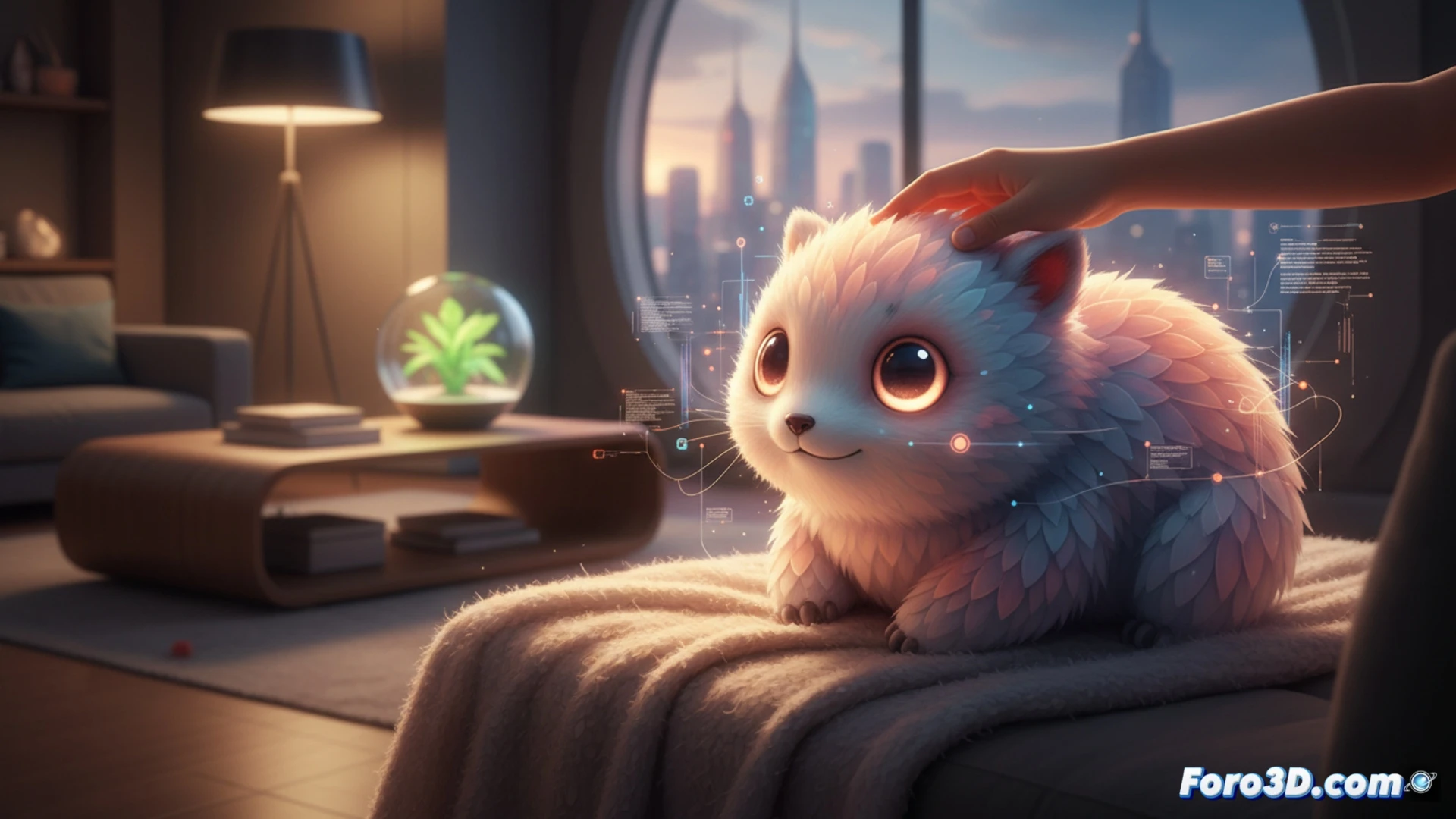 Moflin mascota robótica Casio con forma de animal peluche gris interactuando con manos humanas