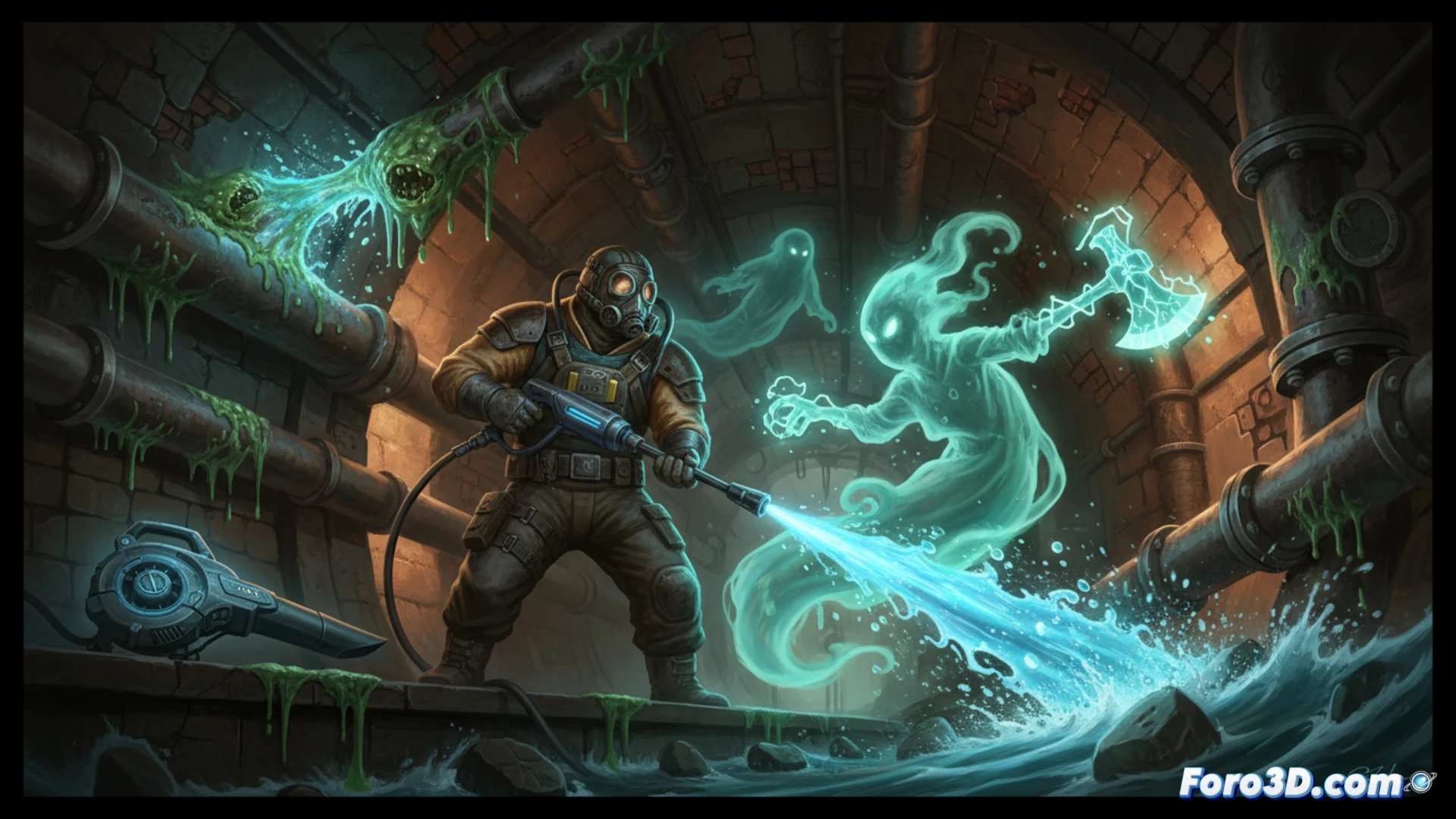 Prompt para Recraft.ai (348 caracteres):

Jugador en alcantarilla oscura empuñando lavadora a presión contra moho verde brillante y un fantasma translúcido que flota hacia atrás. Soplador de hojas y hacha apoyados en tuberías oxidadas. Chorro de agua golpeando esporas, salpicaduras iluminadas por luz de linterna. Menú HUD arcade en esquina mostrando puntuación y mejoras. Estilo cinematográfico de ilustración técnica, texturas húmedas, vapor, iluminación dramática neón-verde, render fotorrealista, detalle de componentes mecánicos y suciedad.