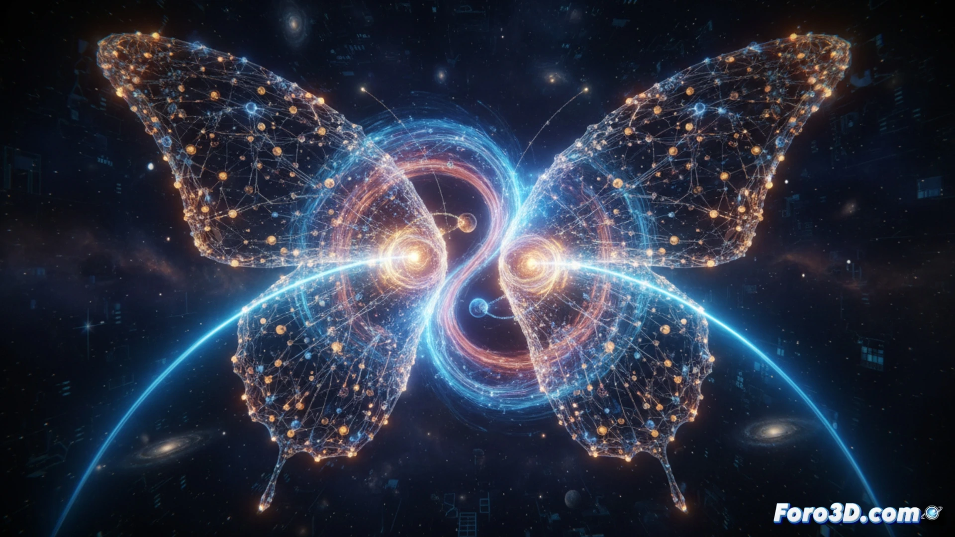 Photorealistic technical illustration of a butterfly-shaped molecule suspended in a quantum laboratory, glowing blue energy waves radiating from its wings while laser beams intersect at its core, scientists adjusting optical tweezers and cryogenic equipment in background, particle interaction trails showing exotic matter states, clean metallic surfaces, holographic data displays floating nearby, dramatic dark ambient lighting with cyan and violet highlights, ultra-detailed molecular structure with rotating bonds, cinematic engineering visualization, demonstrating quantum entanglement process during real-time spectroscopy analysis