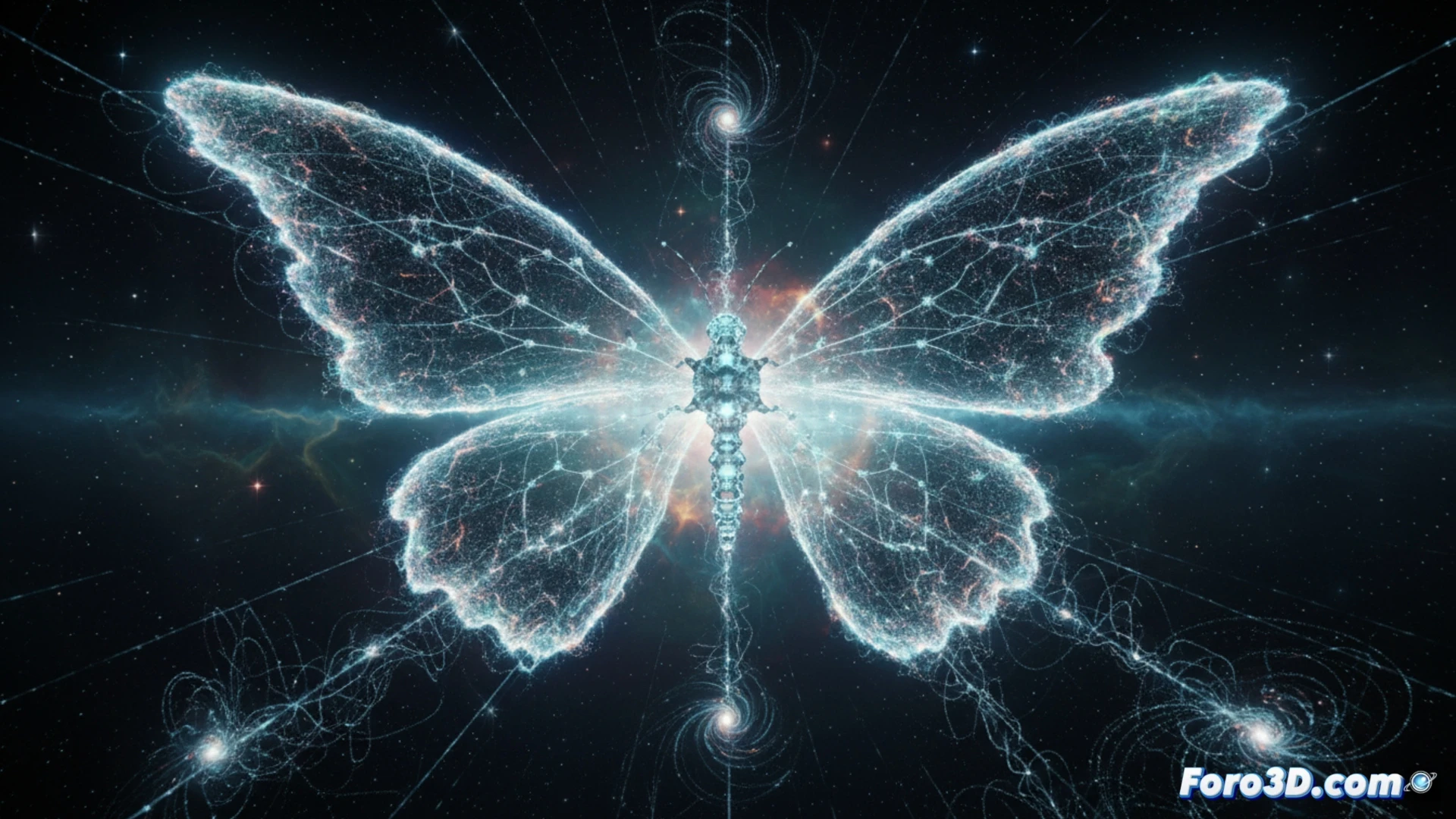 Microscópica molécula con forma de mariposa flotando en un vacío de laboratorio, alas compuestas por electrones brillantes en configuración cuántica inusual, haces de luz láser azul incidiendo sobre la estructura mientras un software de simulación cuántica muestra patrones de interferencia en pantallas holográficas, técnico con guantes ajustando un microscopio de efecto túnel, fondo oscuro con reflejos metálicos, estilo cinematic technical illustration, iluminación dramática azul y violeta, partículas subatómicas orbitando las alas, render fotorrealista con detalles de ingeniería cuántica