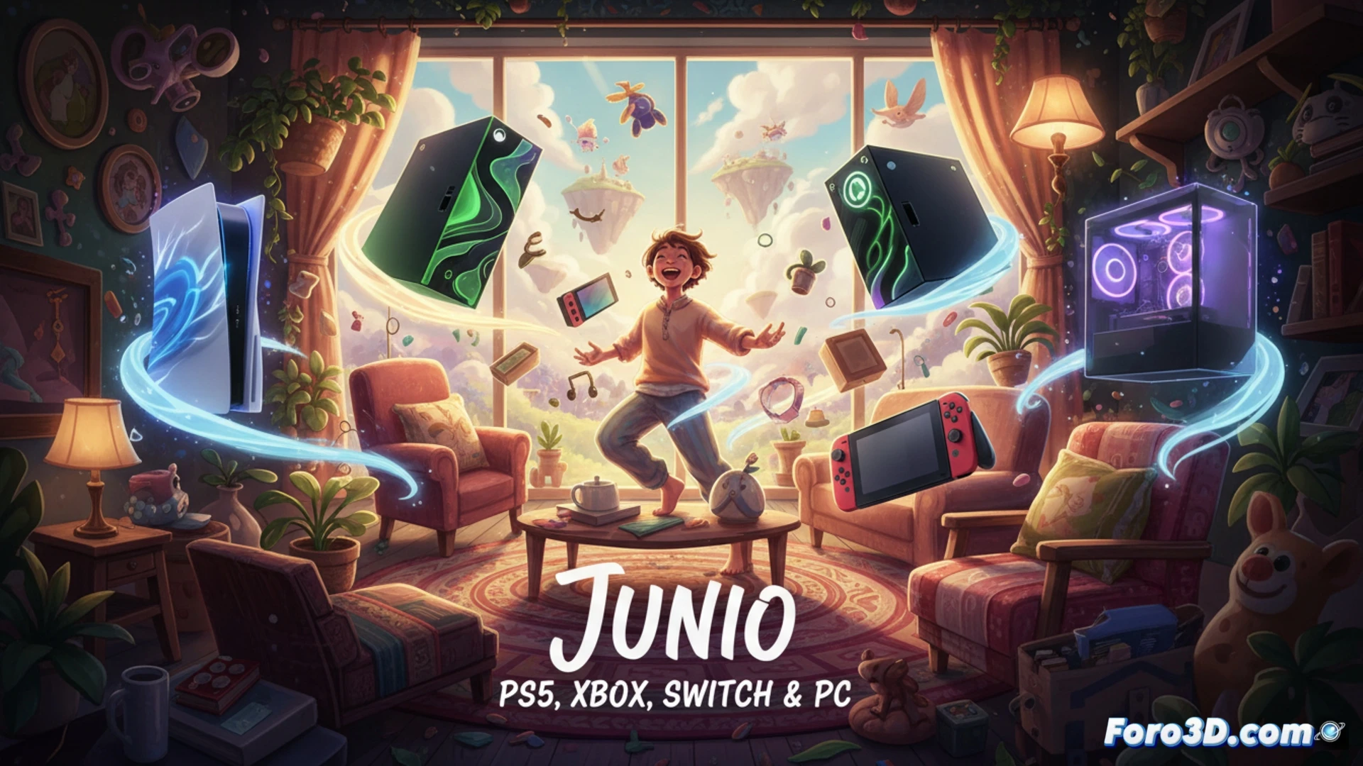 Ilustracion de una habitacion acogedora con muebles coloridos y plantas, un mando de PS5 y Xbox en la mesa, y texto Momento junio 2025.