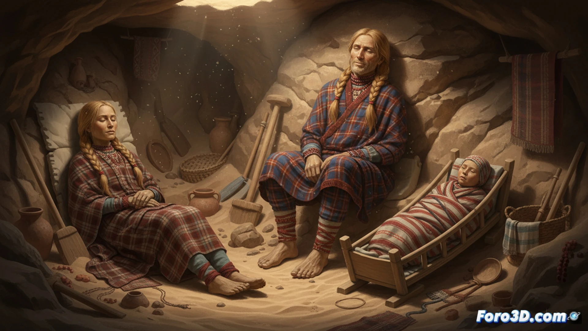 Ancient Tarim mummies lying in Taklamakan desert sand, preserved bodies with blonde hair and prominent noses visible, wool tartan fabric fragments clinging to skeletal hands, desert wind slowly uncovering more remains, photorealistic archaeological visualization, soft golden hour lighting casting long shadows across dunes, fine sand particles suspended in air, extreme close-up showing intact eyelashes on a mummy face, weathered wooden coffin fragments nearby, dramatic contrast between dark soil and pale skin, ultra-detailed textile patterns, cinematic historical documentation style