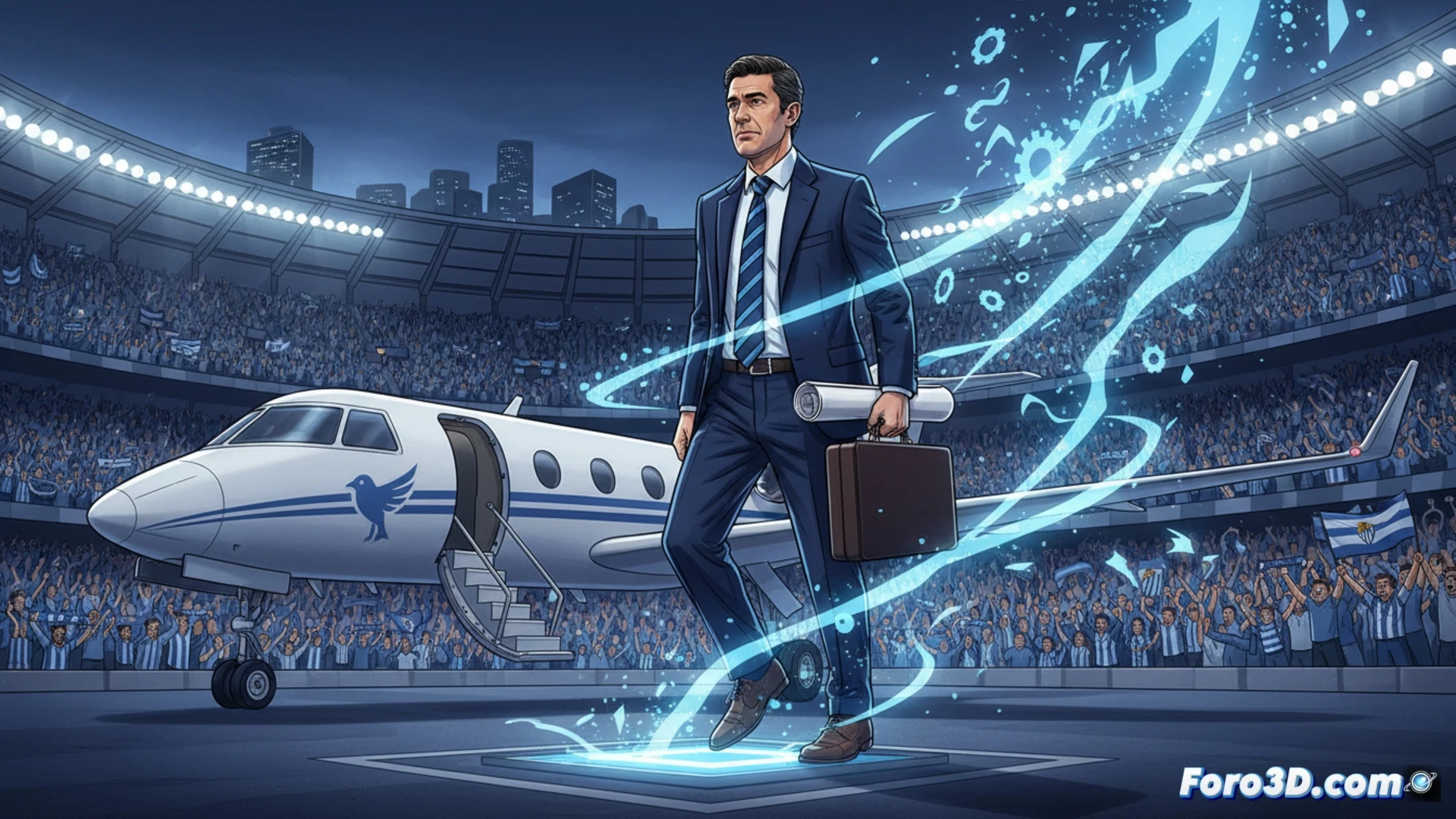 Monchi baja de un avión en el aeropuerto de El Prat, con la maqueta del RCDE Stadium en una mano y un maletín en la otra, mientras al fondo se ve el escudo del Espanyol y un horizonte despejado que simboliza el nuevo inicio.