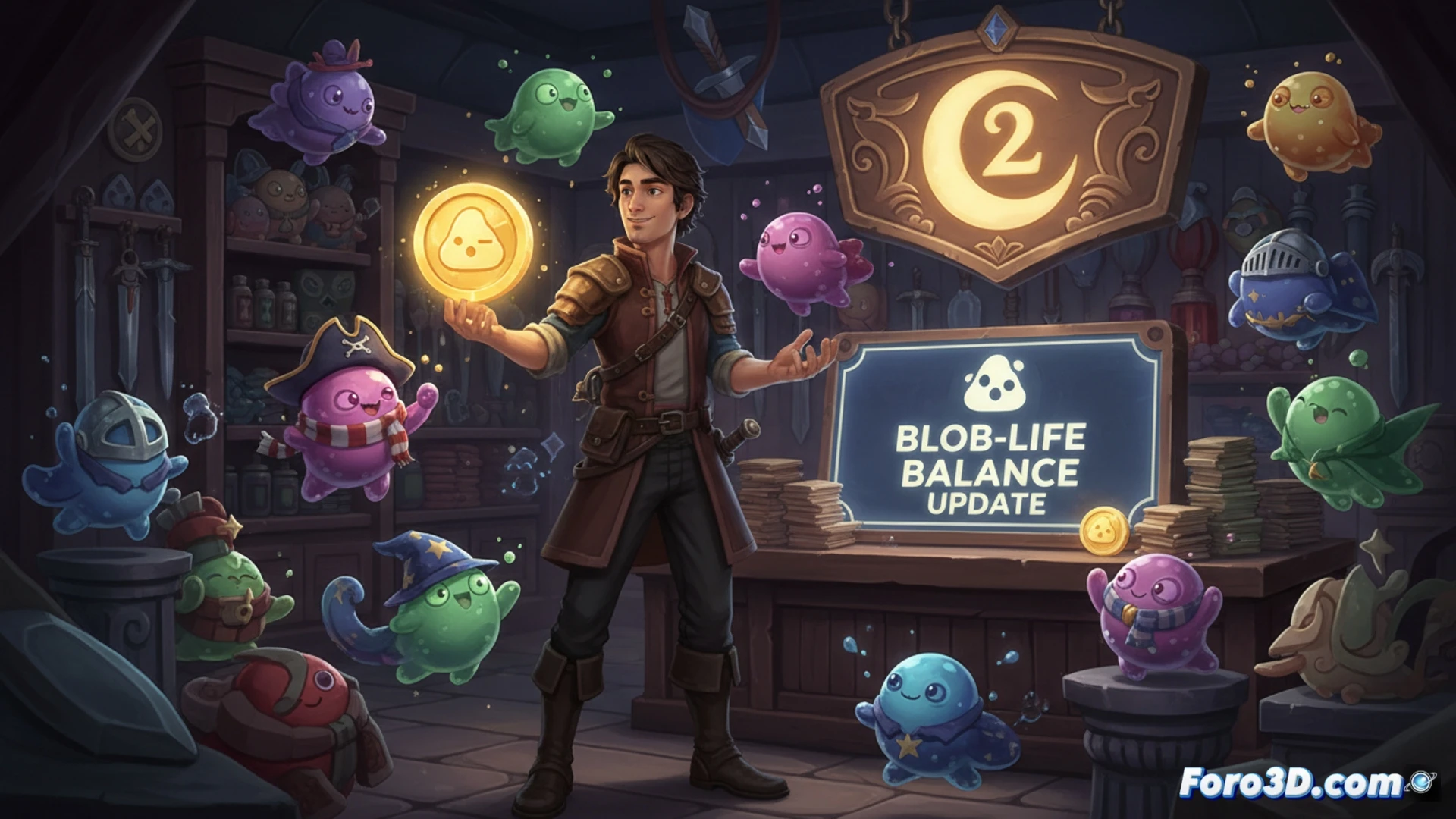 Moonlighter 2 adventurer inside a glowing crystal cavern, small blob-like companions with unique hats floating nearby, player character holding a shimmering special coin while reaching toward a new Bloblet creature nestled in a stone alcove, expedition gear with backpack and pickaxe visible, magical currency particles drifting from completed task markers, cinematic fantasy illustration, warm bioluminescent lighting contrasting with cool blue cave walls, detailed character armor with worn textures, companions casting soft shadows, dynamic pose showing adoption process, photorealistic game art style.