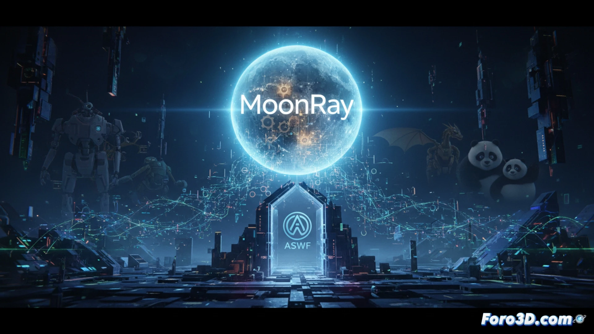 DreamWorks animators adjusting light paths in MoonRay render interface, multiple viewports showing ray-traced fur and reflections on robotic characters, procedural shading networks cascading across monitors, open-source code repository logo glowing on a server rack, cinematic technical illustration style, warm studio lighting with cool blue screen glows, photorealistic engineering visualization, detailed keyboard and stylus in action, holographic ASWF badge floating above workstation