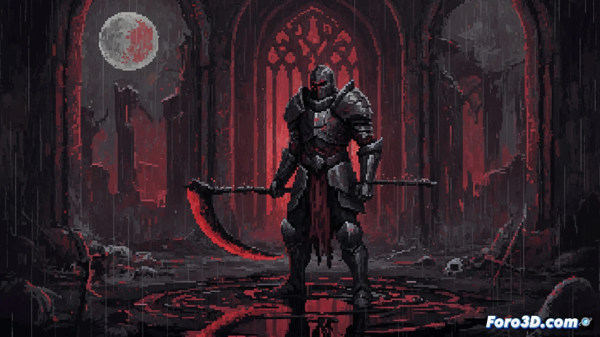 Moonscars pixel art al óleo en Unity con paleta limitada rojos negros grises