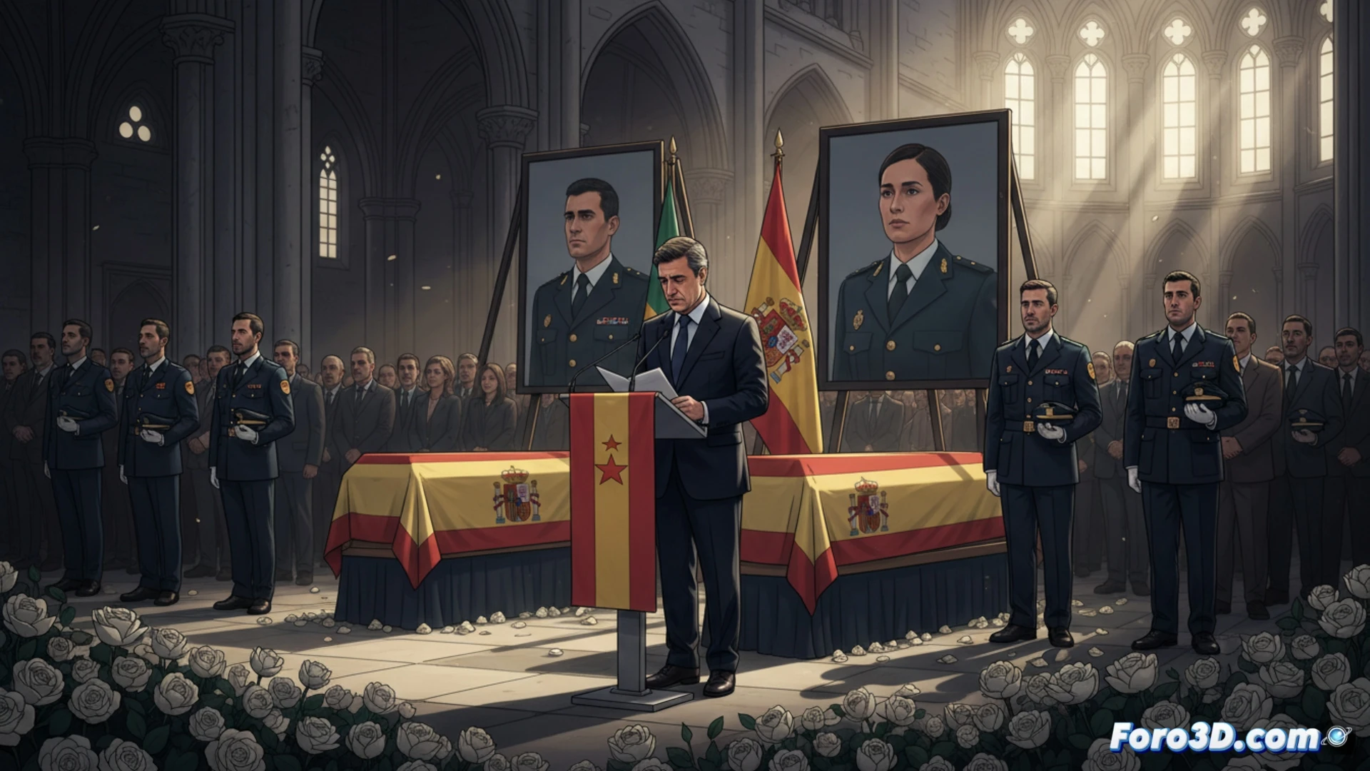 Un presidente autonómico con semblante grave ante dos féretros con banderas de España y la Guardia Civil.