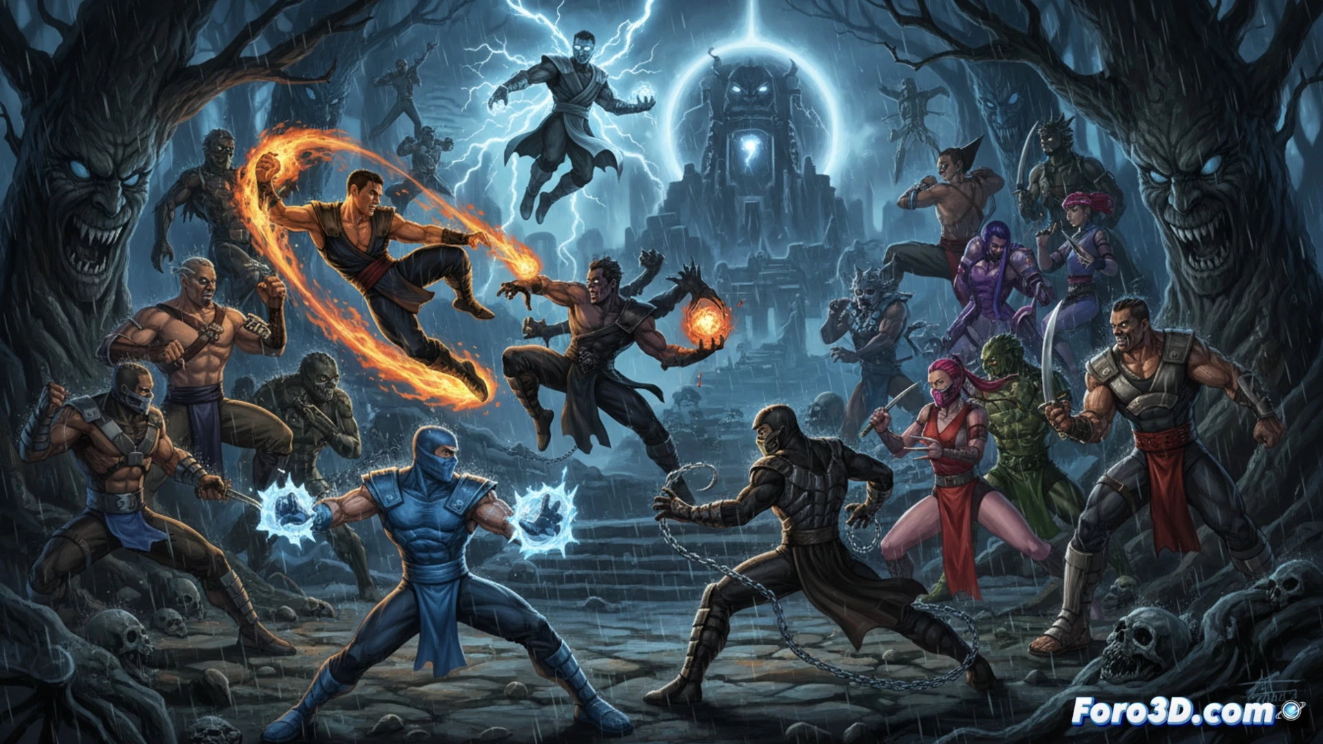 Una silueta pixelada de Scorpion emerge en llamas, con Liu Kang y Sub-Zero al fondo, sobre un portal digital con el logo de Mortal Kombat.