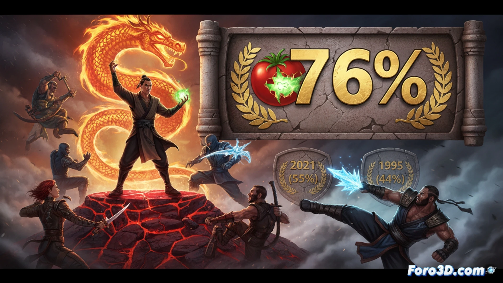Póster de Mortal Kombat 2 con Liu Kang y Johnny Cage, fondo oscuro y logo rojo, sangre bajo el 76% de Rotten Tomatoes.
