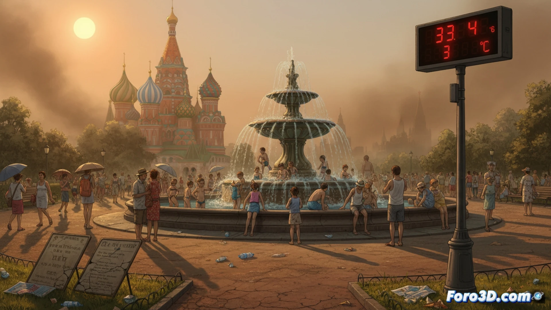 Moscow cityscape heatwave scene, old thermometer displaying record-breaking mercury column above normal summer level, people fanning themselves near fountains in a park, digital weather station showing extreme temperature data, historical climate graphs on a tablet screen being compared to current readings, solar radiation intensifying over concrete buildings, heat haze distorting distant skyscrapers, scientific visualization of urban heat island effect with red thermal overlay, cinematic photorealistic style, dramatic golden-hour lighting, sweat droplets on skin, wilted leaves on trees, ultra-detailed architectural background, realistic atmospheric perspective, technical climate documentation aesthetic