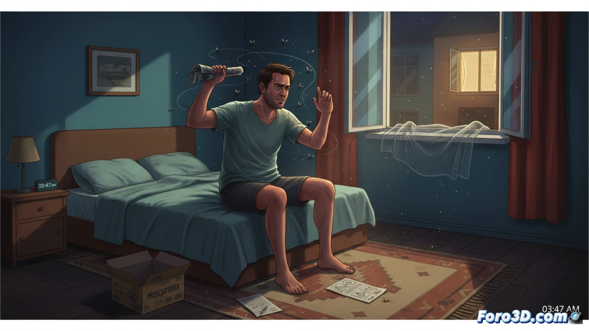 photorealistic summer night bedroom scene, a person desperately slapping a mosquito on their arm at 3 AM, sweat on forehead, tangled bedsheets, an empty hook on the wall where a mosquito net should be, open window with glowing city lights and tiny mosquitoes flying in, technical product shot of a rolled-up mosquito net lying unused on a shelf in the background, contrasting with the chaotic action, cinematic lighting with blue moonlight and warm bedside lamp, dust particles in the air, ultra-detailed textures on fabric and skin, dramatic angle from above showing the missed opportunity, engineering visualization style