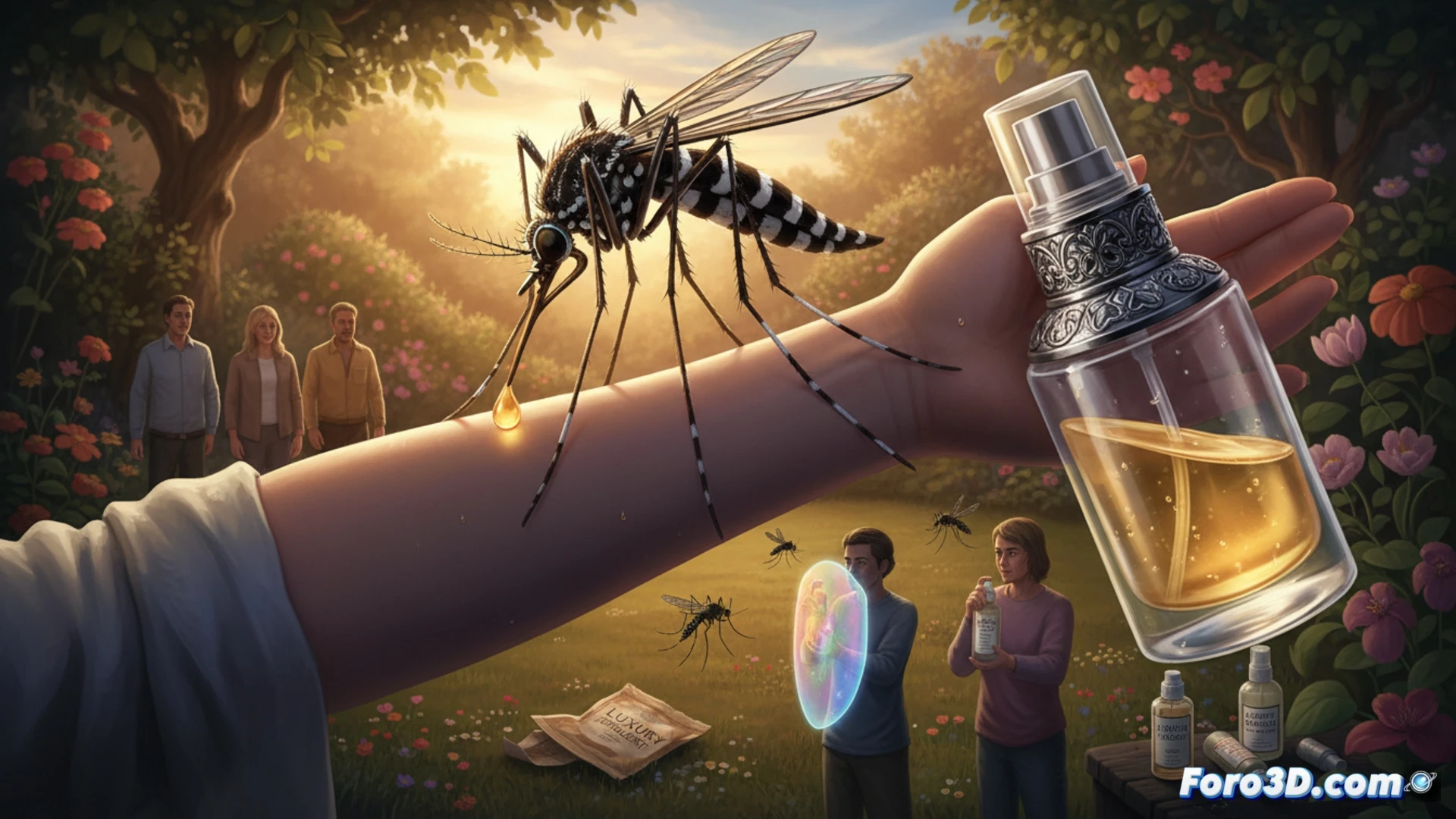 photorealistic outdoor scene, a mosquito tigre landing on a high-end designer bottle of premium repellent, close-up macro shot showing the insect's striped legs gripping the glossy metallic surface, a human hand holding the expensive spray can is being bitten by multiple mosquitoes, while in the background a person using a cheap supermarket repellent remains untouched, dramatic sunlight filtering through leaves, golden hour lighting, ultra-detailed insect anatomy, reflective liquid droplets on the bottle, cinematic depth of field, hyperrealistic texture of mosquito wings, technical nature illustration style