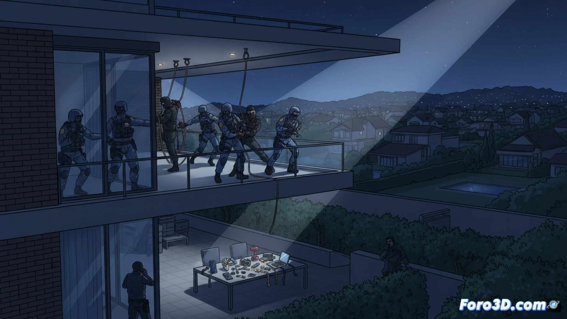 Mossos d Esquadra officers detaining handcuffed burglars in a residential garage, one suspect dropping a crowbar while another holds a stolen laptop, forensic team bagging jewelry and electronic devices as evidence, police van with flashing blue lights in background, cinematic photorealistic style, dramatic night lighting with shadows from floodlights, ultra-detailed tactical gear and tools, action frozen mid-process during arrest, technical crime scene documentation aesthetic