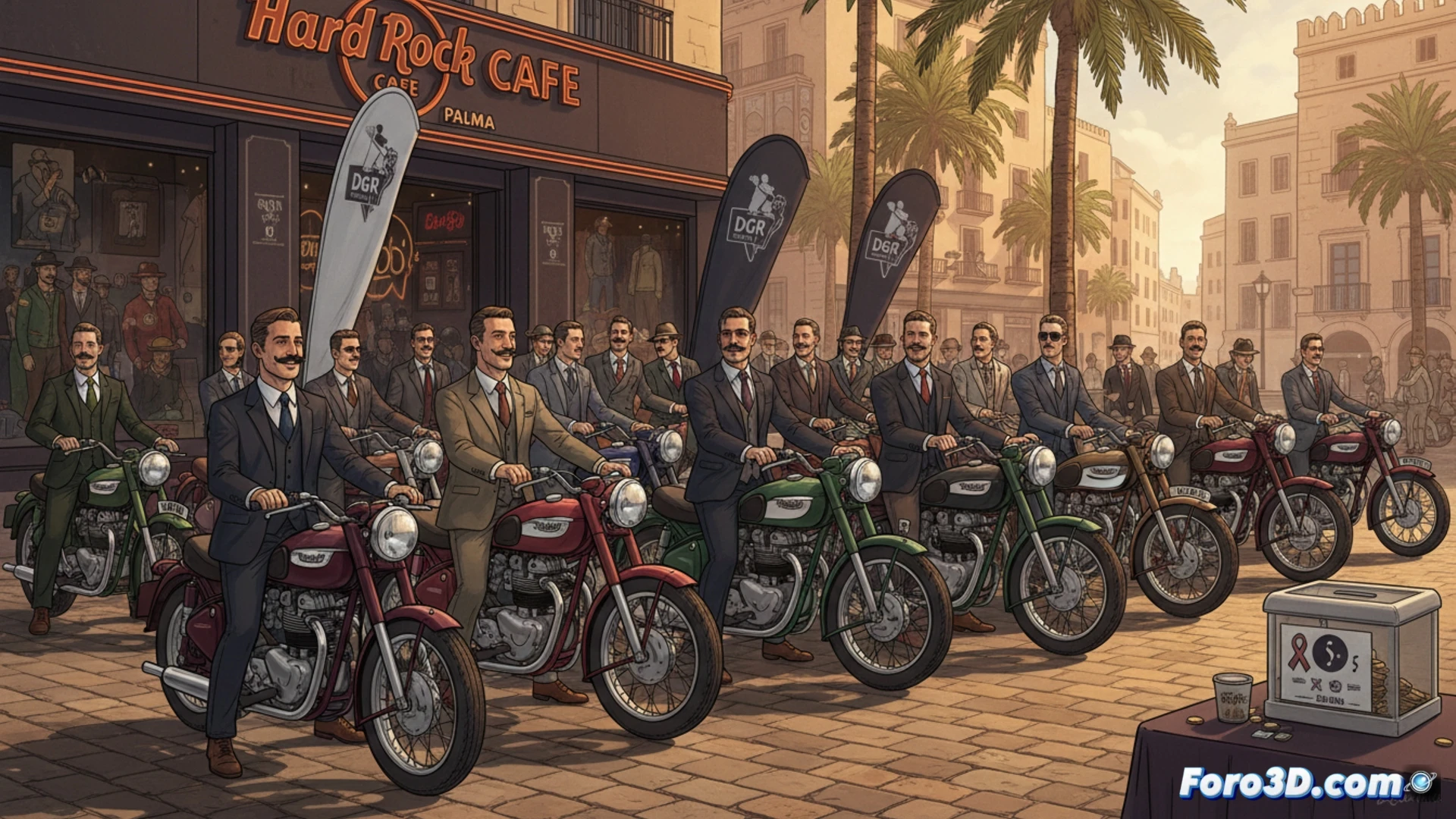 Moteros con traje y bigote en motos clásicas frente al Hard Rock Café de Palma, bajo un cielo despejado.