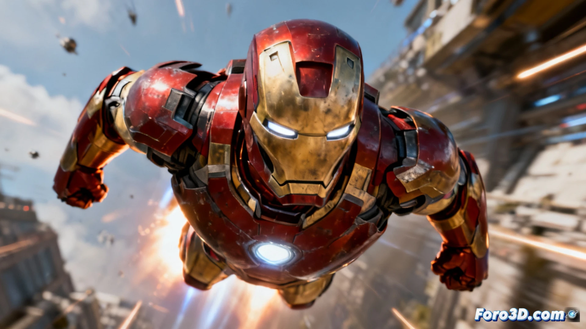 Captura de Iron Man volando sobre una ciudad futurista con armadura metálica brillante y efectos de luz realistas en Unreal Engine 5