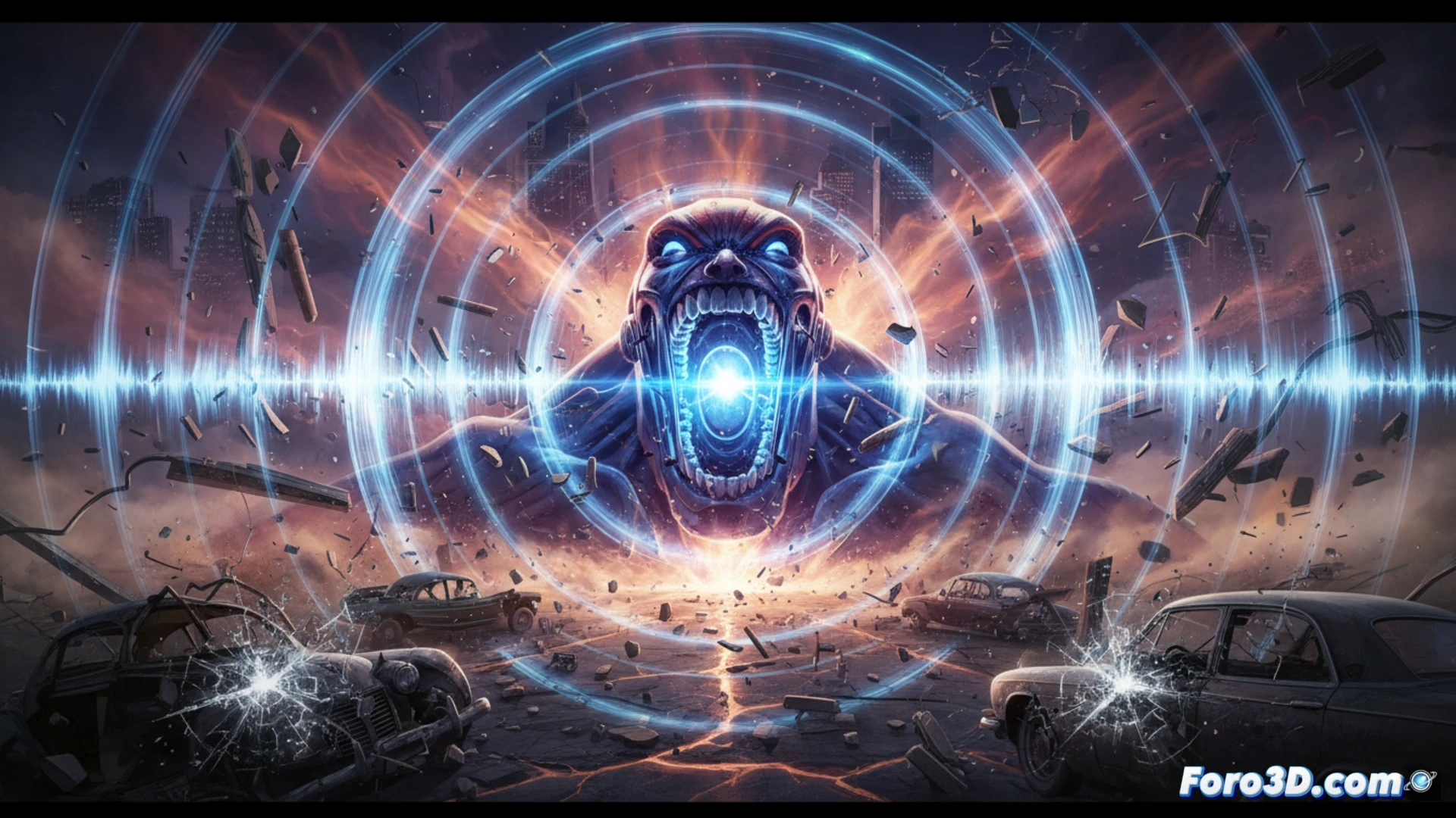 Motormouth Marvel ondas sónicas destrucción acero simulación VFX distorsión espacio materia