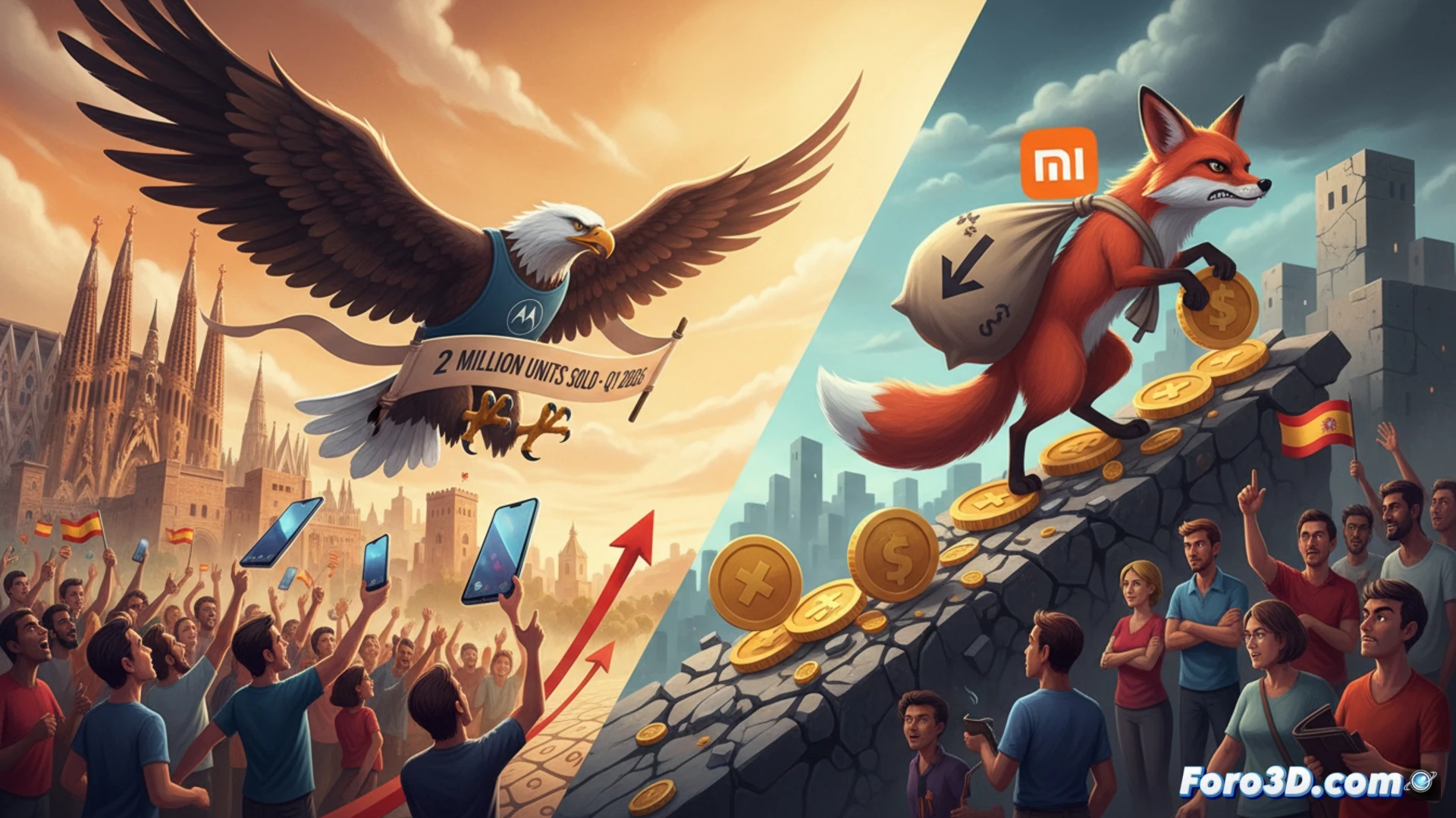 Motorola smartphone sliding past a Xiaomi device on a tilted sales chart, Xiaomi price tag floating upward with red arrows while Motorola unit counter ticks to 2 million, glowing Spanish flag background, market share graph showing 17% growth arrow, photorealistic technical illustration, dramatic overhead lighting, metallic phone surfaces reflecting data streams, competitive market action scene, ultra-detailed hardware components, cinematic economic visualization