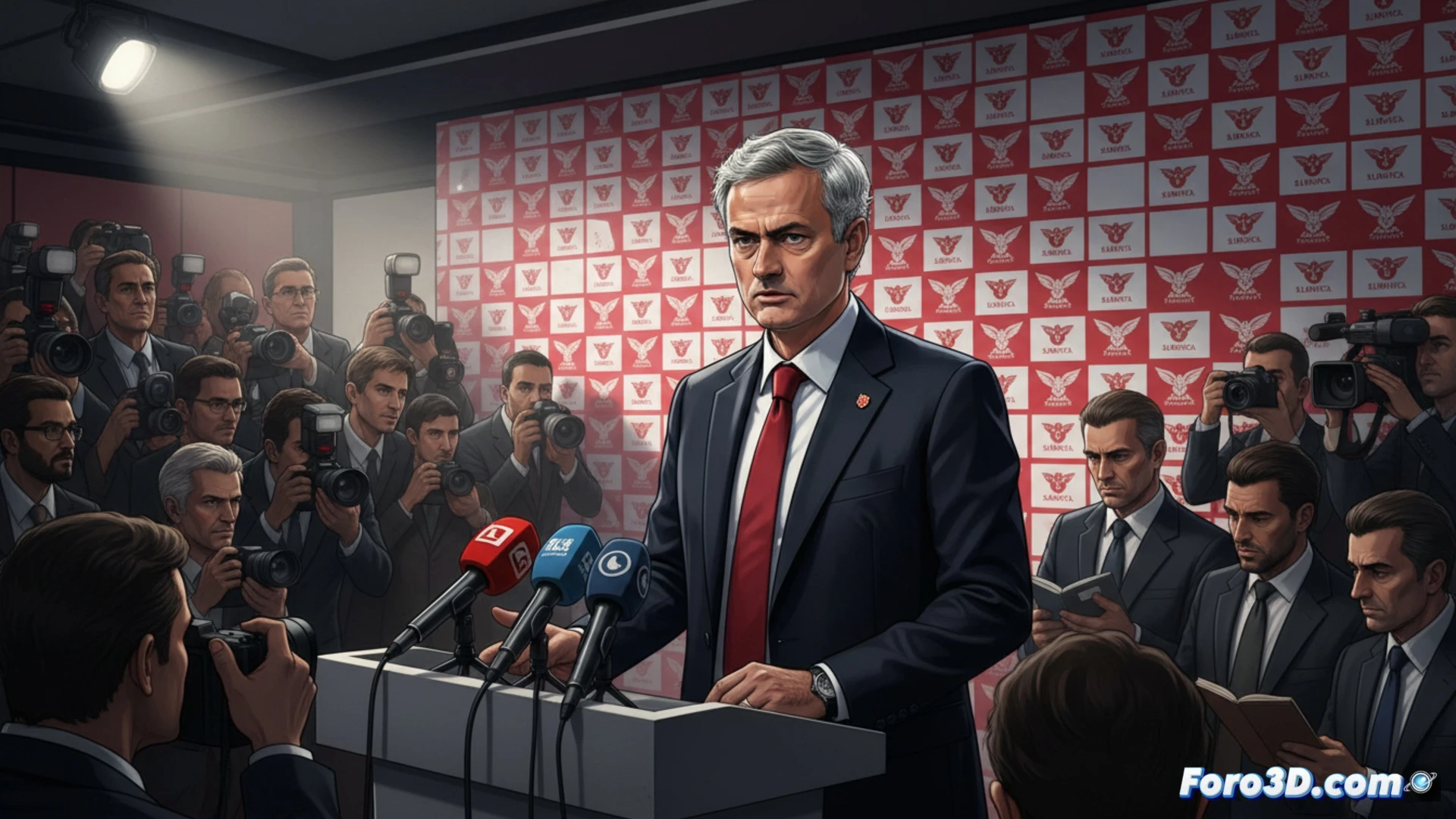 José Mourinho, con gesto serio, niega con la mano ante micrófonos, vistiendo ropa del Benfica.
