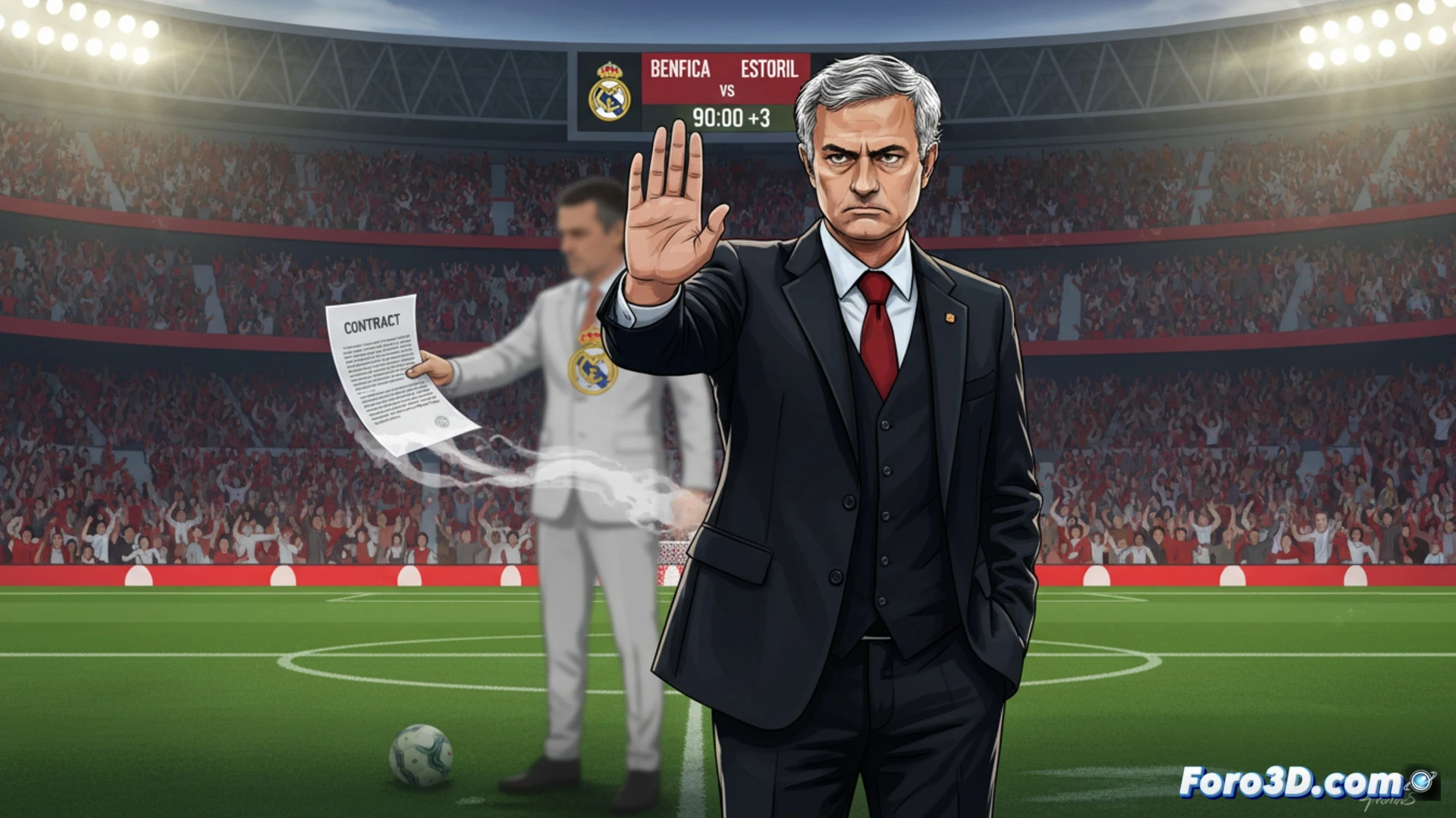 José Mourinho en rueda de prensa, negando con gesto firme cualquier contacto con el Real Madrid hasta final de temporada.