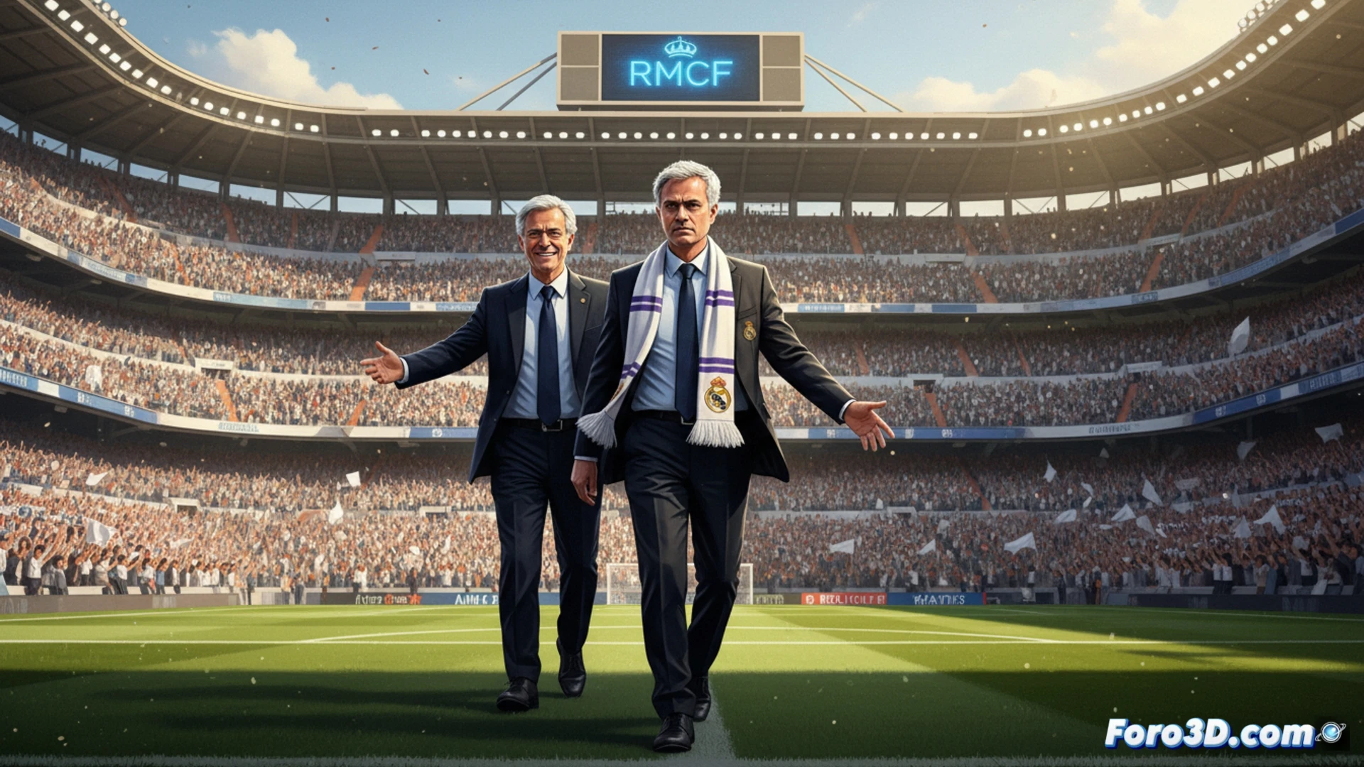 Real Madrid stadium interior, Jose Mourinho standing in front of a tactical whiteboard showing drawn defensive formations, Florentino Perez observing from the side while holding a clipboard with election documents, red and white team jerseys hanging in a locker room background, cinematic photorealistic style, dramatic stadium floodlight beams cutting through dust particles, confident hand gesture demonstrating a play strategy, polished leather shoes on marble floor, ultra-detailed facial expressions, high contrast shadows, professional sports management atmosphere, technical illustration with precise architectural lines