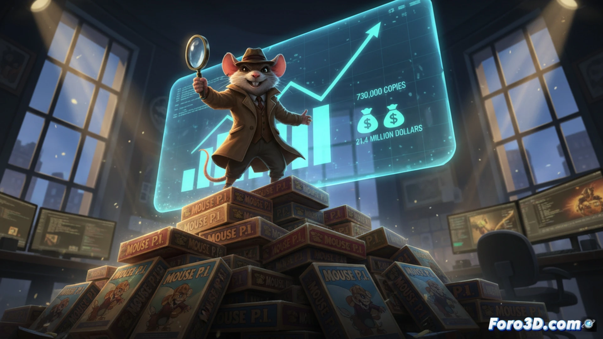 Ilustración de un ratón detective en blanco y negro, con gabardina y sombrero, disparando en un callejón oscuro bajo lluvia y neón.