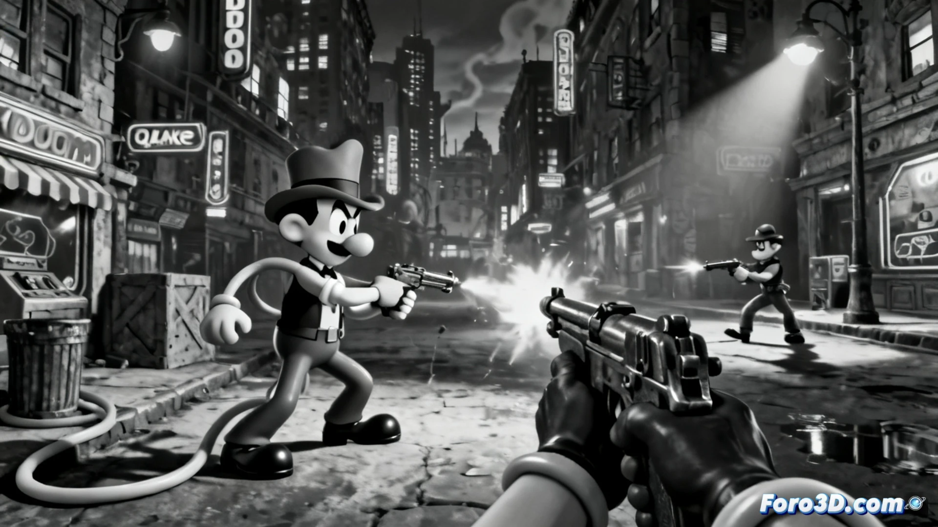 Un detective ratón con gabardina y sombrero sostiene una pistola humeante en un callejón en blanco y negro, con estilo rubber hose de los 30.