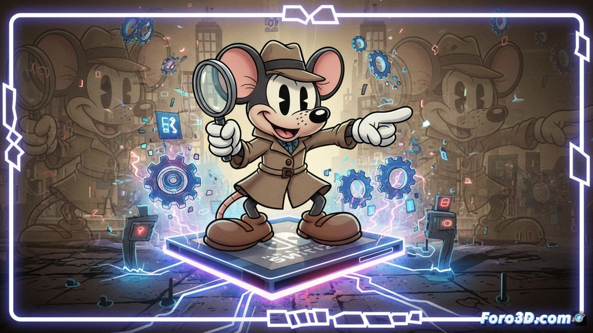 Un detective ratón en blanco y negro, estilo rubberhose, lucha contra fallos en una consola Switch 2 congelada.