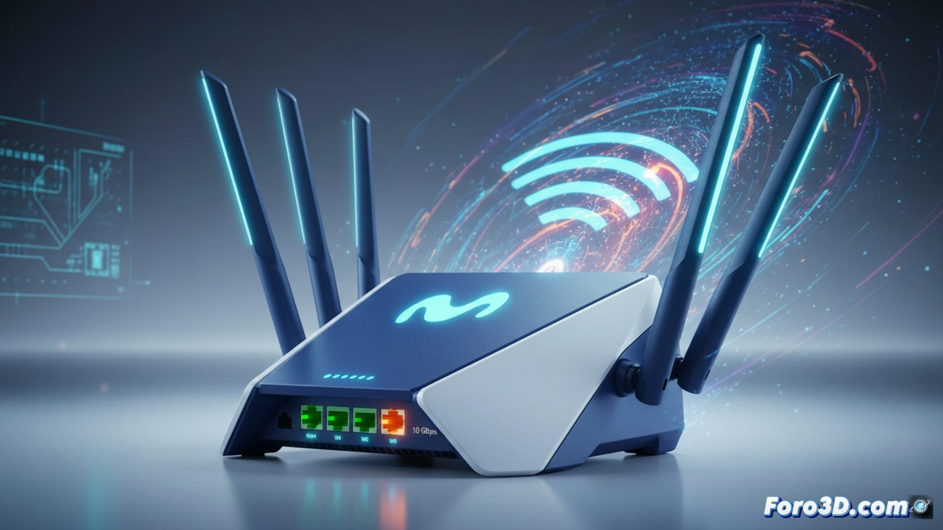 Movistar Smart WiFi 7 router on a glass desk, ten visible antennas radiating outward in a fan pattern, three Gigabit Ethernet ports and one 10 Gbps port glowing with blue indicator lights, a fiber optic cable being plugged into the device, data flow animations showing speed increase of 2.5x and latency reduction of 50 percent, glowing network traffic waves moving through the antennas, cinematic engineering visualization, photorealistic industrial design, dark carbon fiber texture, dramatic side lighting highlighting metallic details, ultra-sharp macro lens focus on connectors, futuristic telecom lab environment