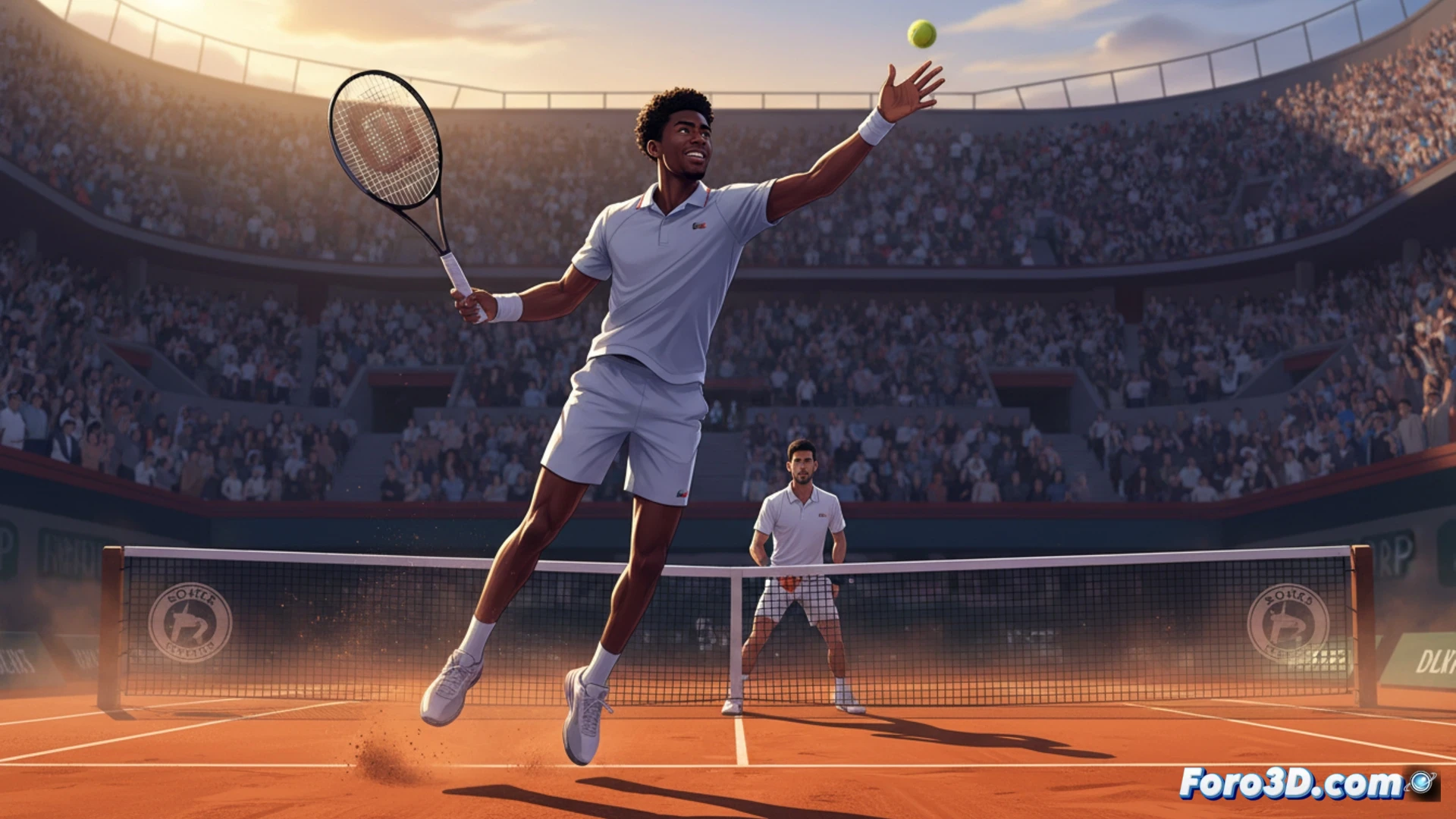young tennis player Giovanni Mpetshi Perricard serving powerfully on a clay court, ball leaving racket at high speed with visible spin, opponent Novak Djokovic in ready position across the net, aggressive forward movement shown during serve follow-through, bright stadium lights casting sharp shadows, photorealistic sports photography style, intense facial expressions, sweat droplets frozen mid-air, detailed racket string tension visible, fast shutter speed effect capturing ball deformation, dynamic court lines blurring under action, dramatic low-angle camera perspective