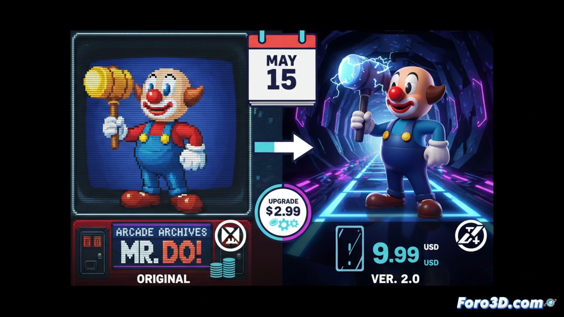 Un payaso rojo llamado Mr. Do! sonríe en un laberinto lleno de cerezas y monstruos azules, listo para la acción retro.