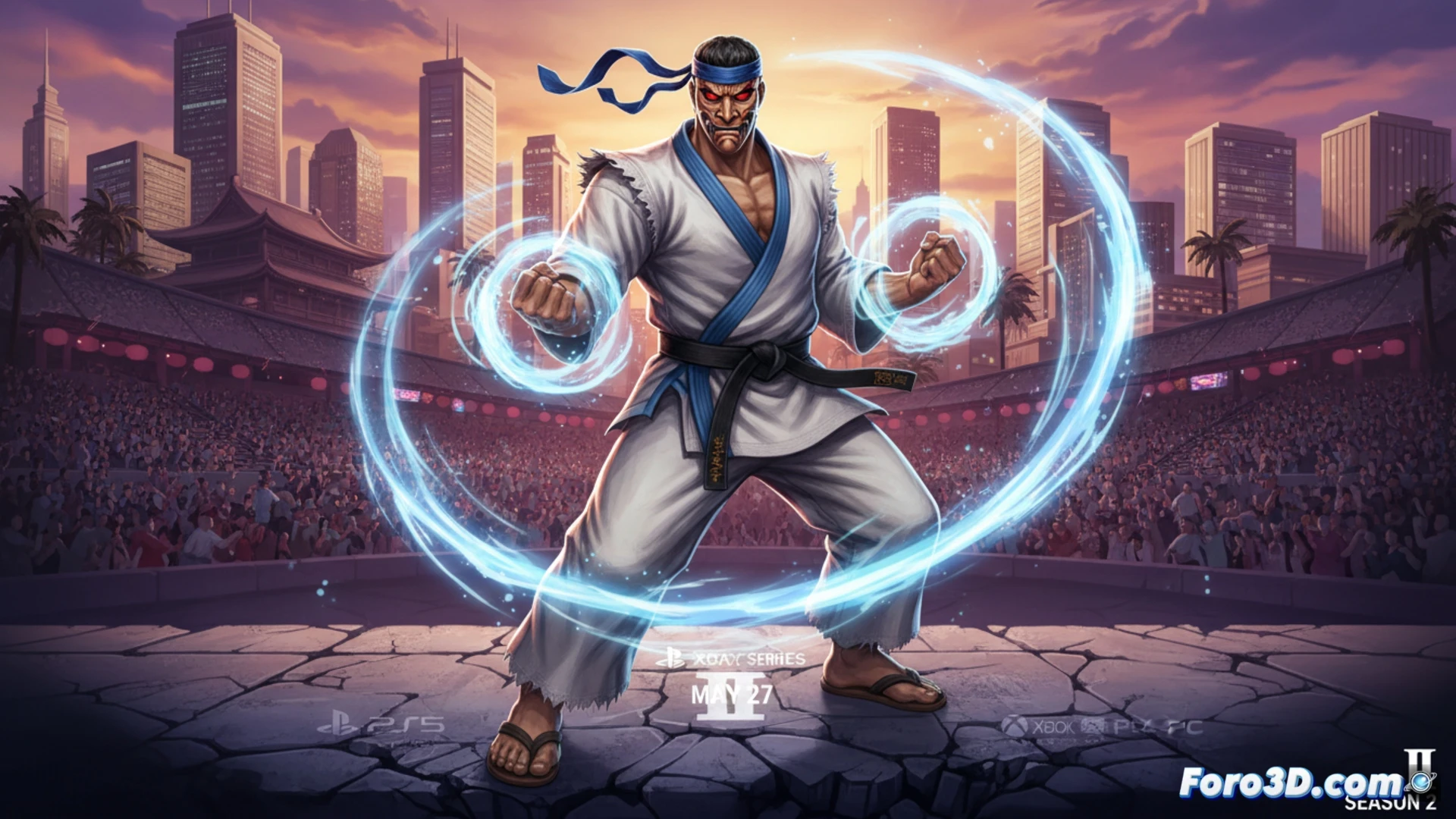 Mr. Karate en pose de combate dinámico durante un enfrentamiento nocturno en una calle de South Town, puños envueltos en energía ki azul impactando contra un escudo de plasma generado por un dispositivo técnico en el suelo, chispas eléctricas y partículas metálicas volando, reflejos de neón sobre su máscara y gi blanco rasgado, postura de artes marciales con tensión muscular visible, fondo urbano con farolas rotas y adoquines levantados por la fuerza del golpe, estilo cinematográfico de alta definición con iluminación dramática y sombras marcadas, texturas realistas en tela y cuero, render técnico fotorrealista