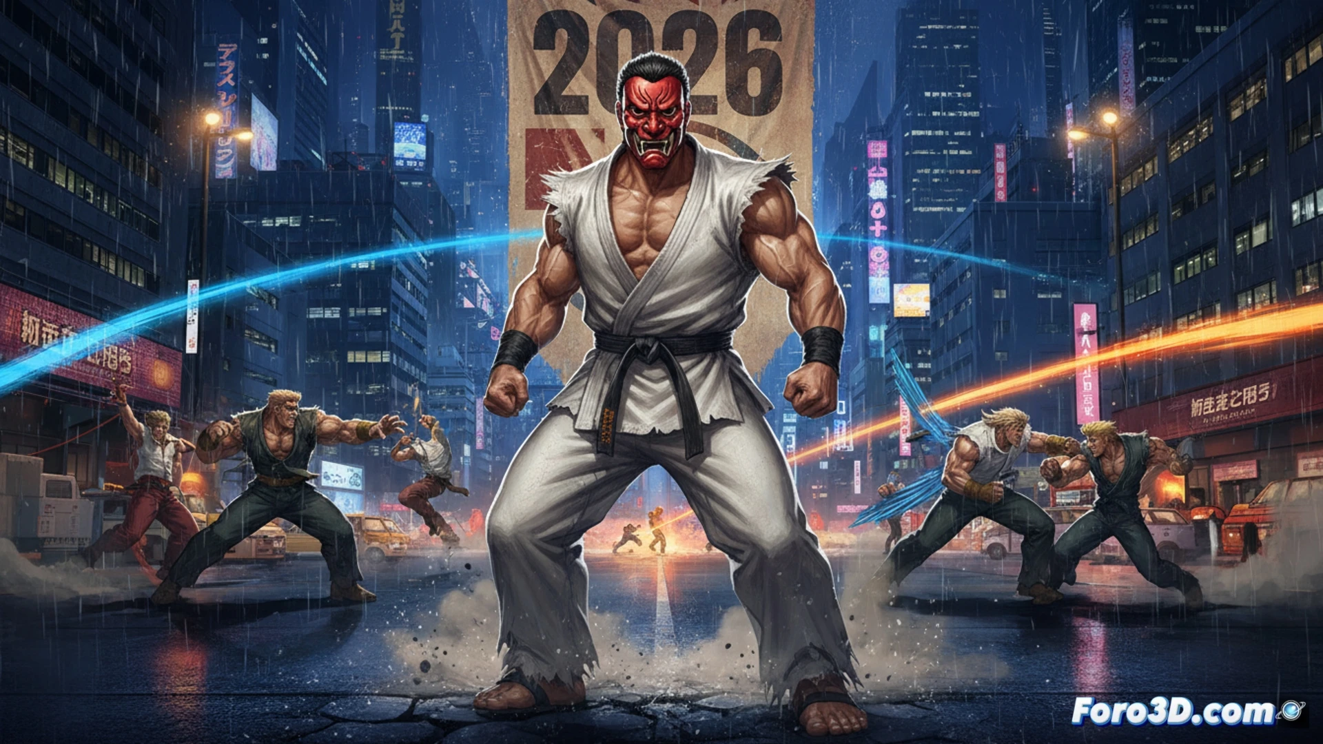 Mr. Karate con máscara tengu, puños en alto, irrumpe en el caos urbano de Fatal Fury: City of the Wolves en mayo de 2026.