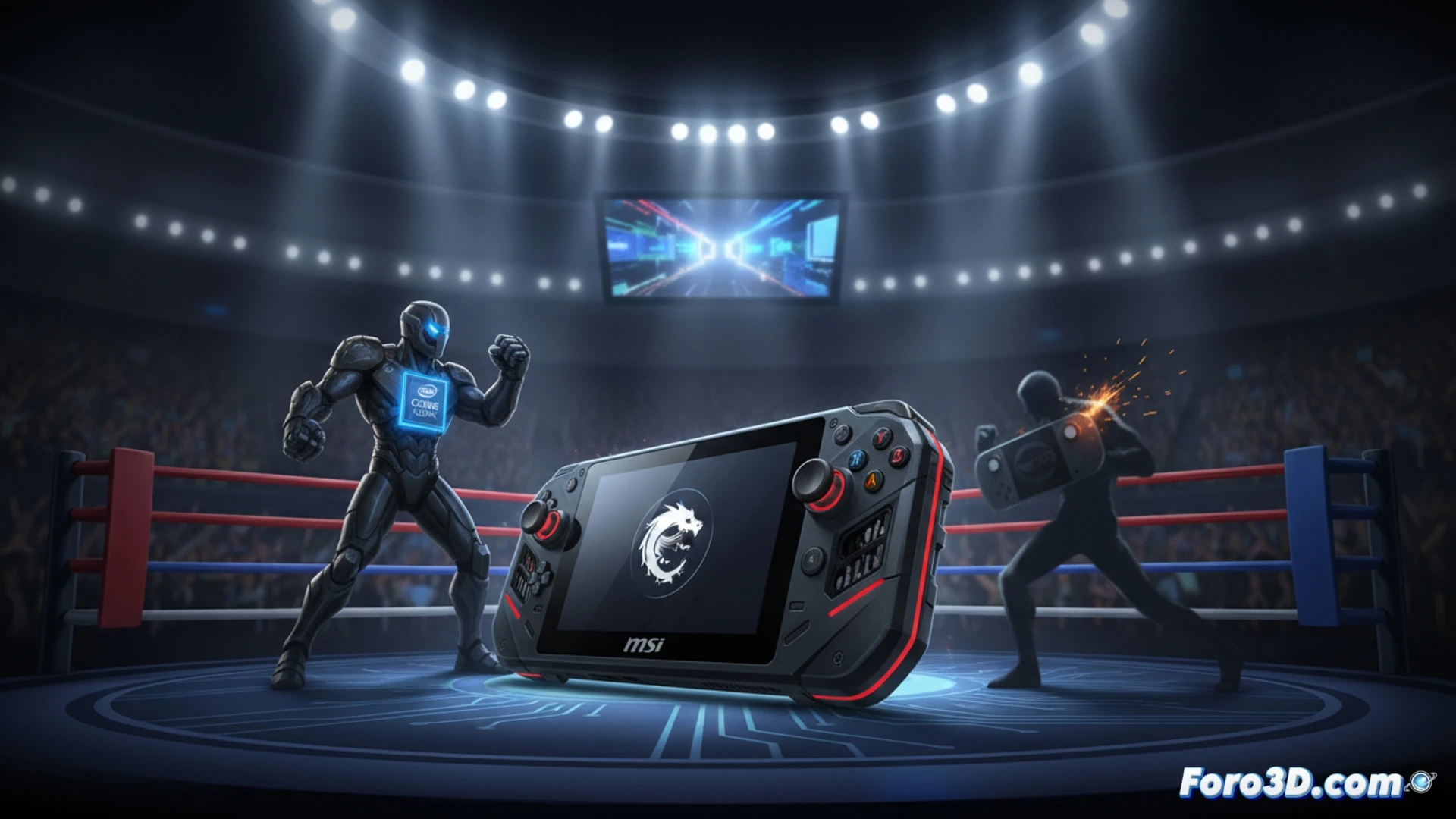 MSI Claw A1M handheld gaming console during active gameplay, Intel Core Ultra processor visible through transparent back panel, CPU heat pipes glowing orange under load, player hands gripping the device while fingers press illuminated RB and LB triggers, a Steam Deck and ROG Ally positioned in background on a dark desk, cinematic engineering visualization, photorealistic technical render, dramatic blue LED lighting reflecting off metallic chassis, motion blur on fan blades spinning inside cooling vents, hyper-detailed texture on joystick rubber grips, competitive arena atmosphere with subtle smoke