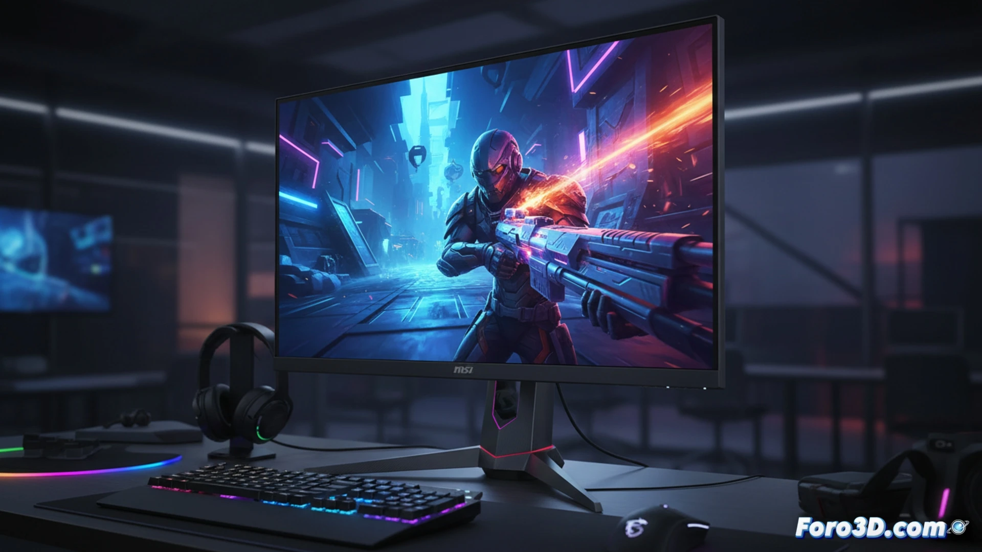 32-inch curved QD-OLED monitor displaying a high-speed racing game at 4K resolution, motion blur trails from a Formula 1 car at 240 fps refresh rate, deep black background with vivid neon reflections on the screen surface, a gamer’s hand gripping a mechanical keyboard with RGB backlight, mouse cable flowing during intense play, cinematic gaming setup with dark ambient lighting, photorealistic technical visualization, precise color gradients on the OLED panel, glossy screen coating showing subtle light flares, ultra-detailed hardware components and desk environment