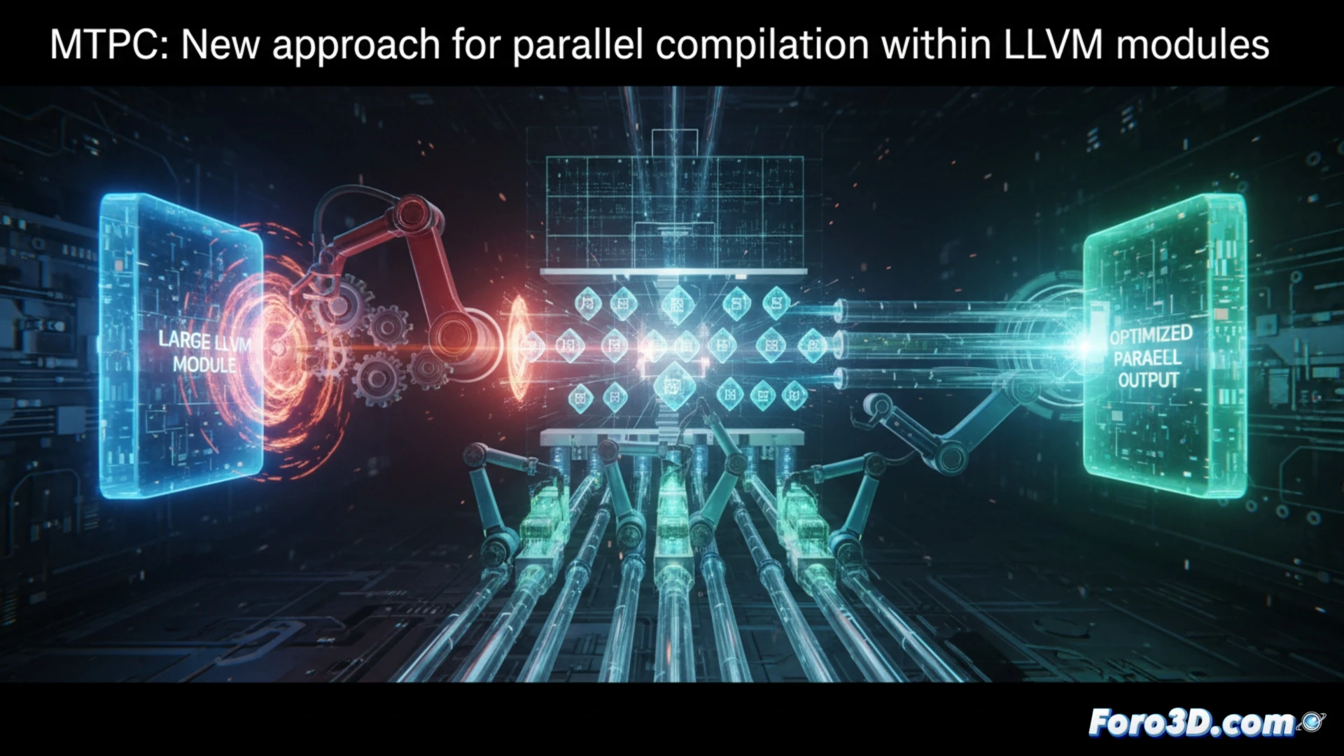 LLVM compiler module split into glowing parallel threads, multiple function-level compilation pipelines active simultaneously, code blocks flowing through multicolored processing lanes, bottleneck breaking apart into smaller optimized segments, ThinLTO architecture visualized as interconnected nodes, technical engineering illustration, cyberpunk industrial lighting, neon blue and orange highlights on metallic circuit traces, photorealistic render with sharp focus on parallel execution paths