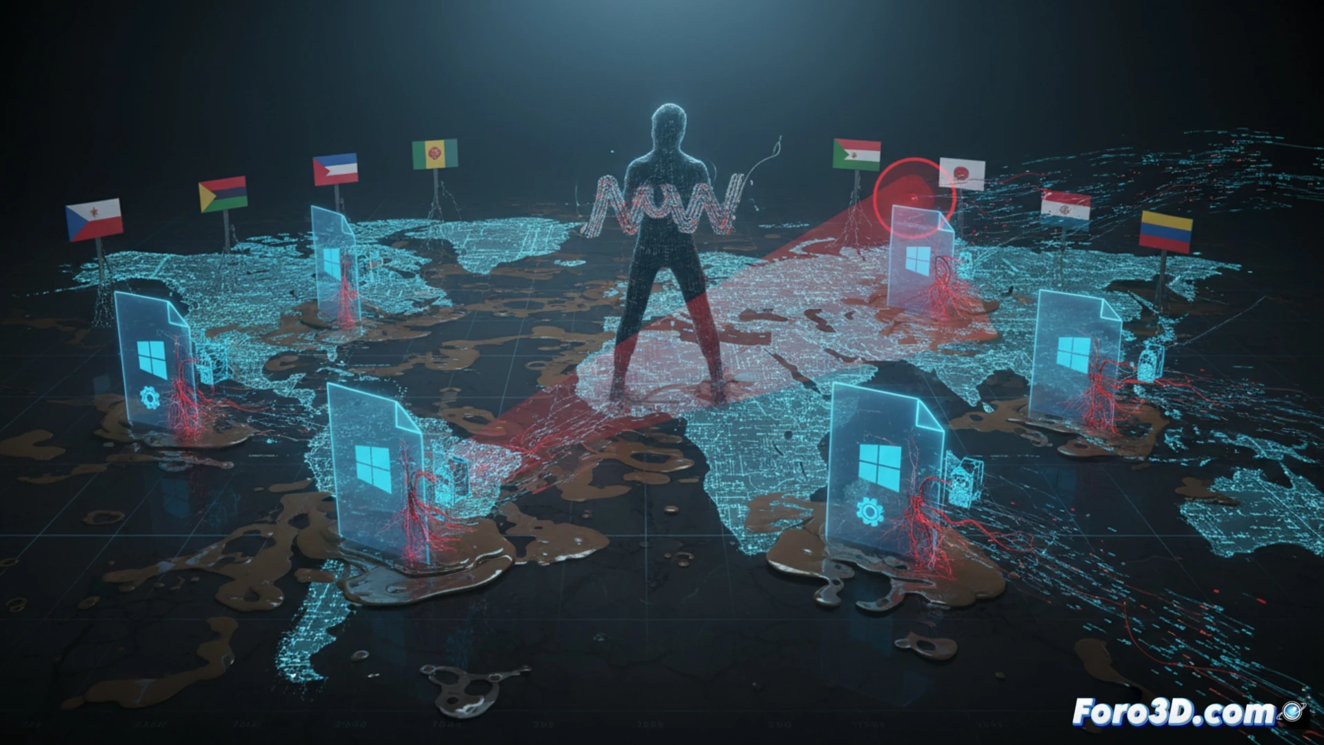 Windows legitimate executable binary with a malicious DLL file being injected via side-loading technique, process hollowing shown in memory map, network connections spreading to nine country flags across Middle East Asia Europe, government building silhouettes, military satellite dishes, telecom tower icons compromised, red alert monitoring dashboard detecting unauthorized process starts, photorealistic technical cybersecurity illustration, dark blue and red color palette, glowing threat lines connecting components, ultra-detailed system architecture, cinematic dramatic lighting, engineering visualization style
