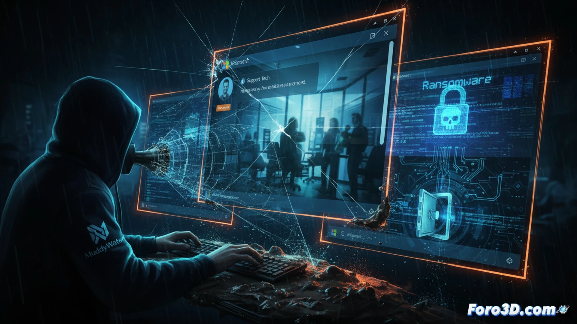 Pantalla de Teams con perfil falso de soporte técnico, alertas de seguridad y ransomware simulado.