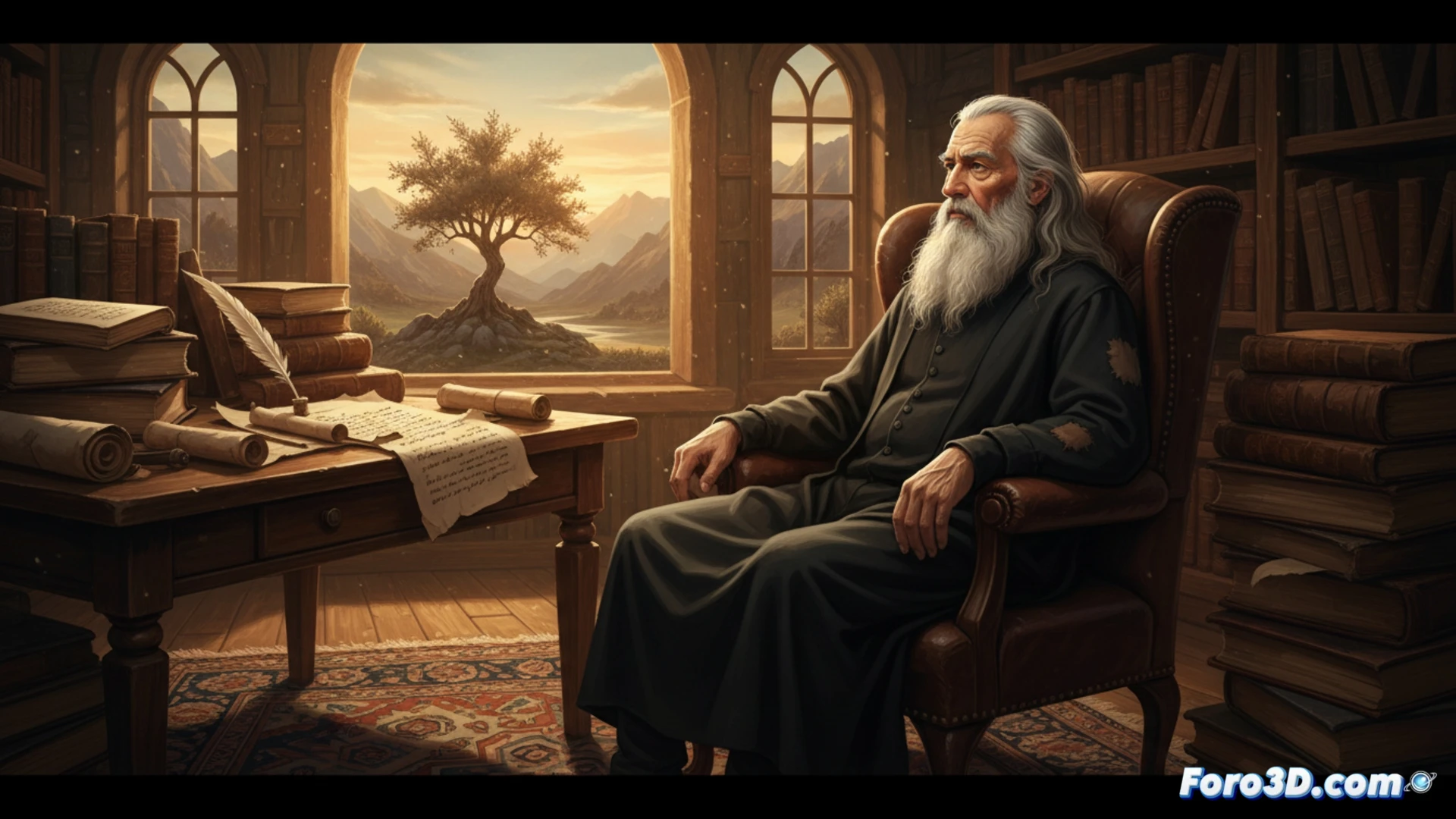 old philosopher sitting at a cluttered wooden desk in a dim library, hands resting on an open handwritten manuscript while a vintage typewriter and scattered books surround him, a single desk lamp casting warm light on yellowed pages, dust particles floating in the beam, worn leather armchair behind him, bookshelves overflowing with aged volumes, a broken clock on the wall showing stopped time, cinematic photorealistic style, deep shadows and golden highlights, contemplative atmosphere, ultra-detailed textures of paper and leather, no text or numbers visible