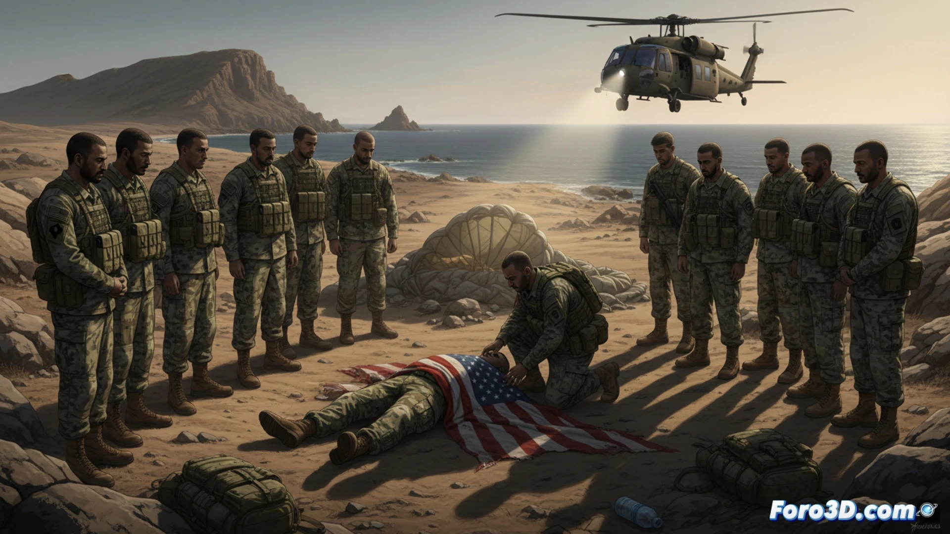 Un paisaje desértico marroquí al atardecer, con dos siluetas militares junto a un vehículo todoterreno, una bandera estadounidense a media asta y un helicóptero de búsqueda sobrevolando dunas.