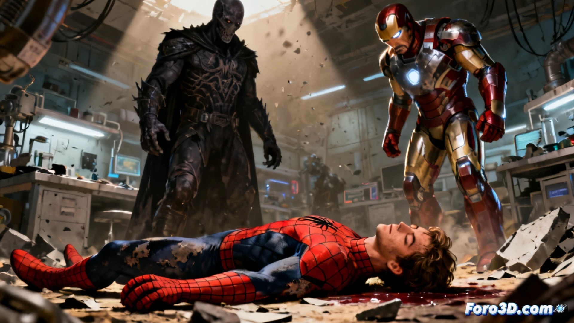 En una calle oscura y destrozada, Peter Parker yace sin vida, con la máscara rota a su lado. Sobre él, el villano Maker, de rostro frío, sostiene un dispositivo humeante. Al fondo, Tony Stark arrodillado, con su armadura apagada, mira el cuerpo con desesperación, mientras un reloj roto marca las 11:59.