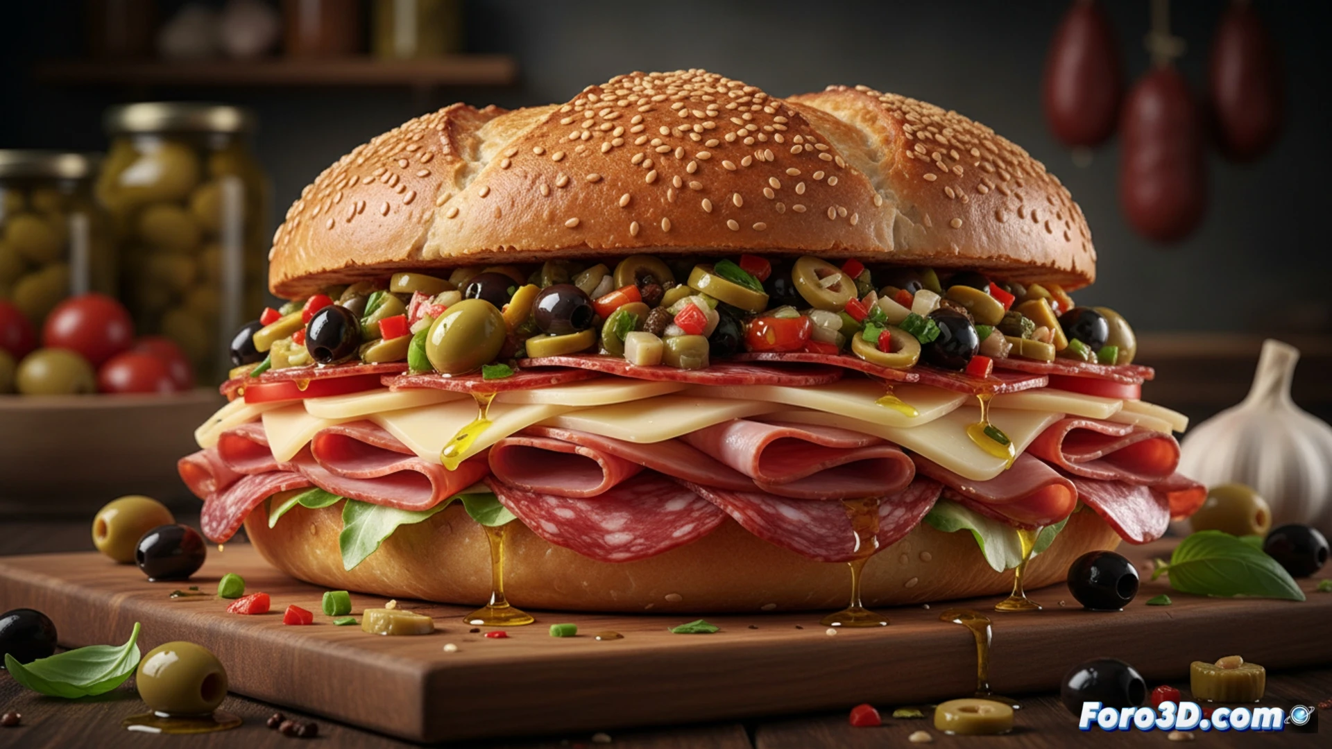 Un sándwich muffaletta en tabla de madera, con pan redondo cortado mostrando capas de carnes, quesos y aceitunas verdes y negras.