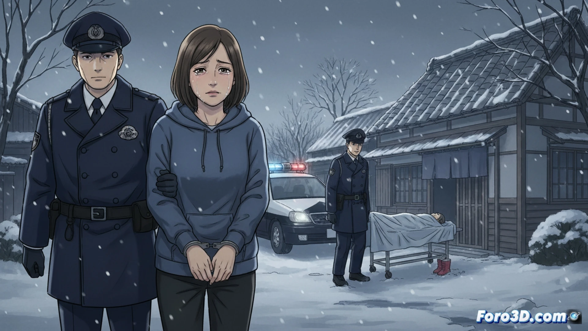 Una mujer esposada es escoltada por policías frente a un edificio residencial en Sapporo, con luces de patrullas reflejadas.