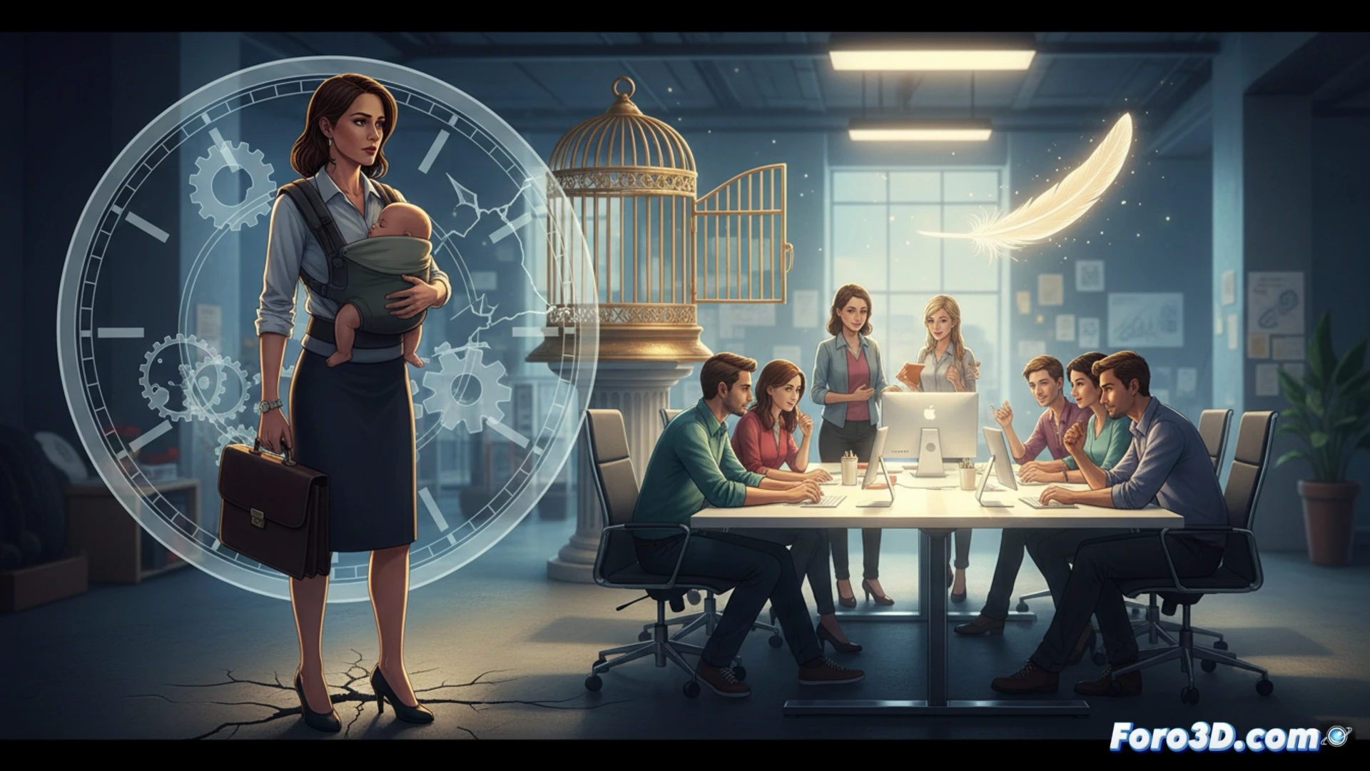 photorealistic scene of a woman designer in her 30s packing her creative tools into a cardboard box at a modern office desk, while a male manager looks away scrolling on a phone, her dual monitors show unfinished 3D modeling software and mood boards, a baby carrier bag hangs on the chair, empty coworking desks around her, cinematic lighting casting long shadows, dramatic contrast between her skilled hands and the ignored talent, ultra-detailed office environment, technical illustration style