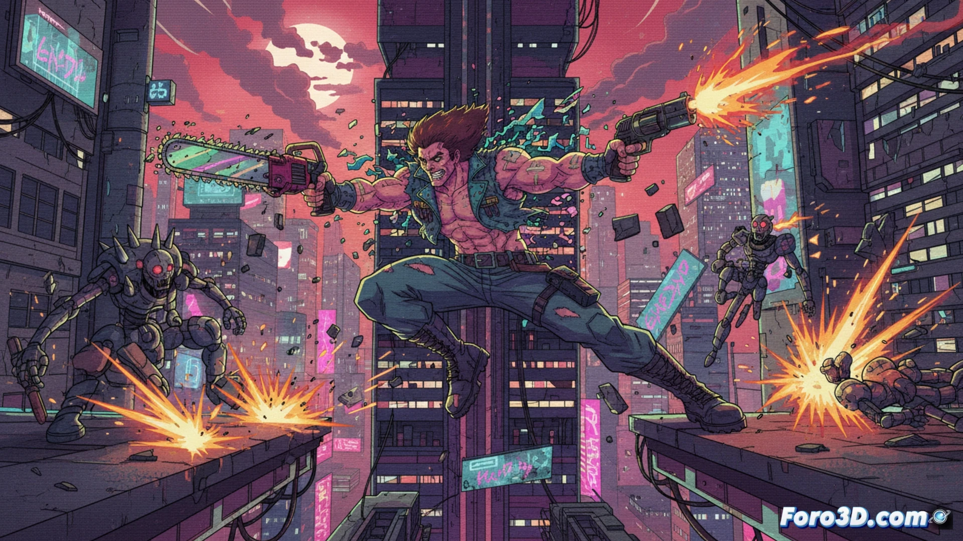 Jack Banhammer, con mullet y chupa, dispara en ascensor neón glitch contra enemigos al estilo anime ochentero.