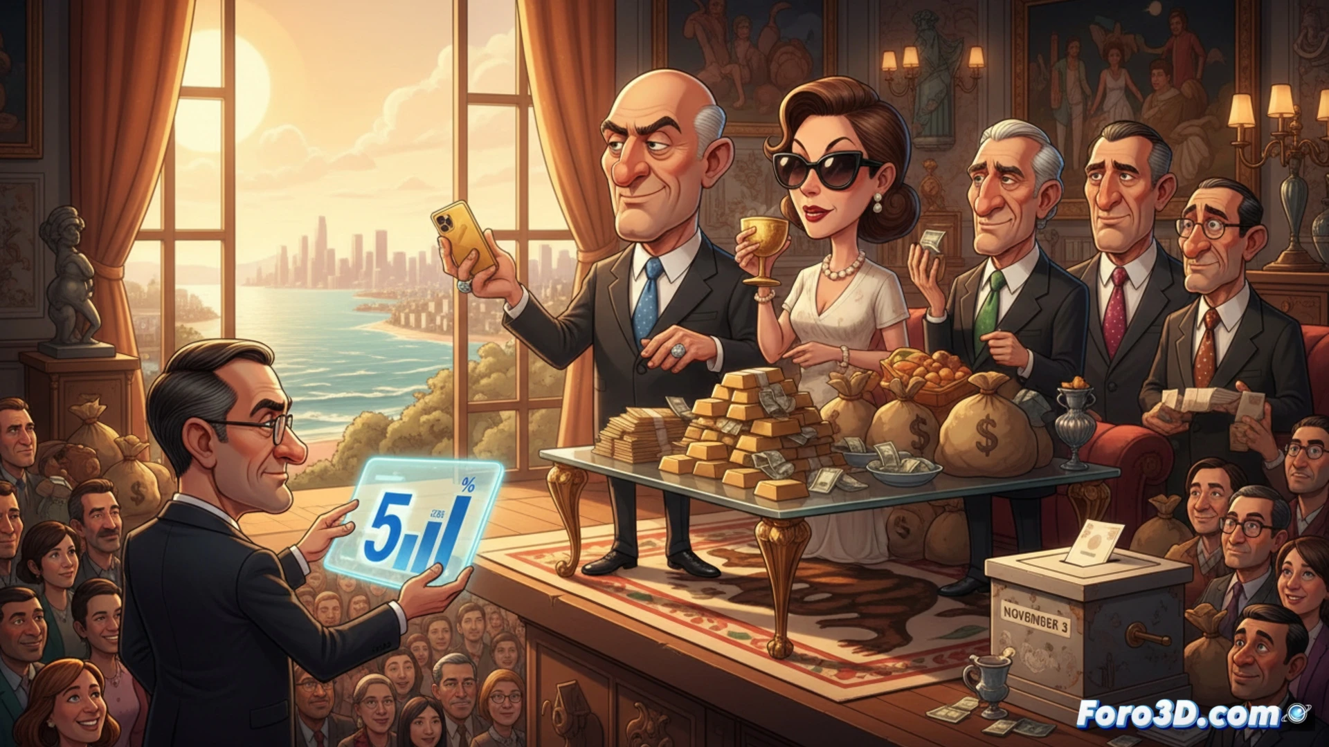 Aerial view of California coastline with a giant transparent glass vault containing stacked gold bars and digital wealth data streams, a robotic audit arm scanning the vault while a miniature figure of a billionaire in a suit stands on a tiny island of cash, surrounded by a storm of tax documents and percentage symbols floating upward, cinematic photorealistic engineering visualization, ultra-detailed glass reflections, glowing blue data lines tracing wealth accumulation, dramatic chiaroscuro lighting, sharp technical render of economic disparity